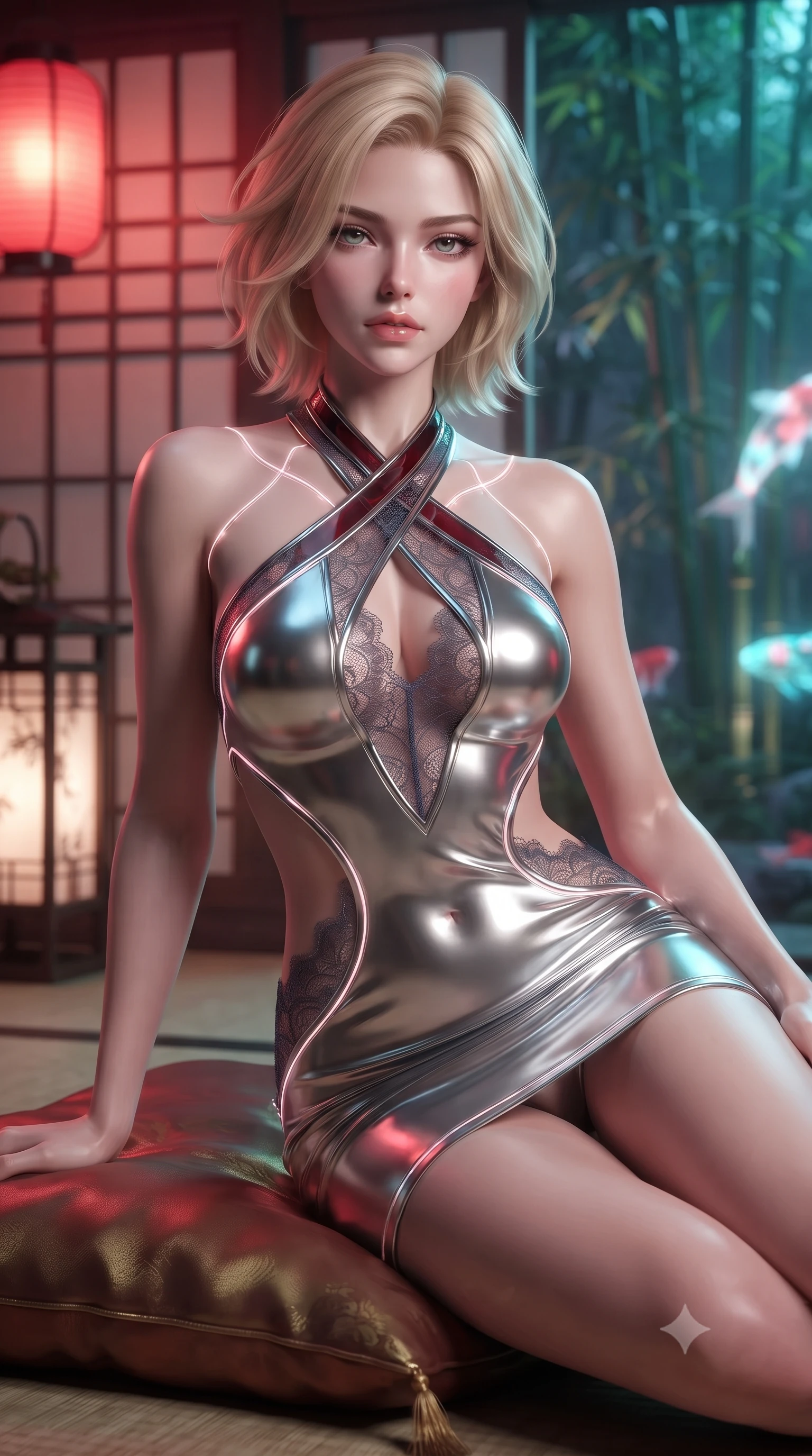 score_9, masterpiece, best quality, ultra-detailed, high-budget anime keyframe, editorial fashion photography, tasteful artistic composition, Caucasian woman. close-up cowboy shot from the waist and thighs up, the character dominates the composition, filling the frame with her large presence. casting a slow, smoldering gaze beneath heavy lashes with parted glossy lips, her head slightly tilted in captivating self-assurance while resting on a low silk cushion in a cyber-fusion pavilion with an alluring, direct stare. The composition keeps background elements in soft focus with creamy bokeh. traditional lattice screens and neon-lit garden bamboo softened by shallow depth of field. She has an exceptionally elegant, slender, and willowy female figure with an ultra-slim waist, a gracefully sculpted slender torso, and a refined silhouette. sharp v-shaped jawline, high-bridge nose, intricate jewel-like eyes with depth, thick eyelashes, glossy lips with a natural sheen, flawlessly proportioned anatomical accuracy, natural body alignment, perfectly sculpted elegant limbs, clean dynamic posture without body distortion. wearing a molten silver liquid-metal mini dress featuring deep side-waist cutouts and a daring crossover halter neckline in deep ruby red and polished chrome accents, crafted from delicate dark lace interwoven with luminescent micro-fibers, accented with glowing fiber-optic seams tracing her collarbones and hip curves, the sleek aerodynamic cut emphasizing her magnetic presence and alluring physical grace. bathed in warm crimson lantern glow and cool cyan holographic koi refractions. ultra-reflective glossy finish, specular highlights, metallic sheen, high-contrast stereoscopic depth, volumetric dynamic lighting, 2k, ultra detail, master piece, 9:16 ratio