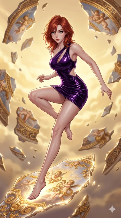 score_9, masterpiece, best quality, ultra-detailed, high-budget anime keyframe, Korean woman. upper body close-up from the thighs up, character filling the screen for maximum presence. propelling herself off digital baroque ceiling fresco shards that