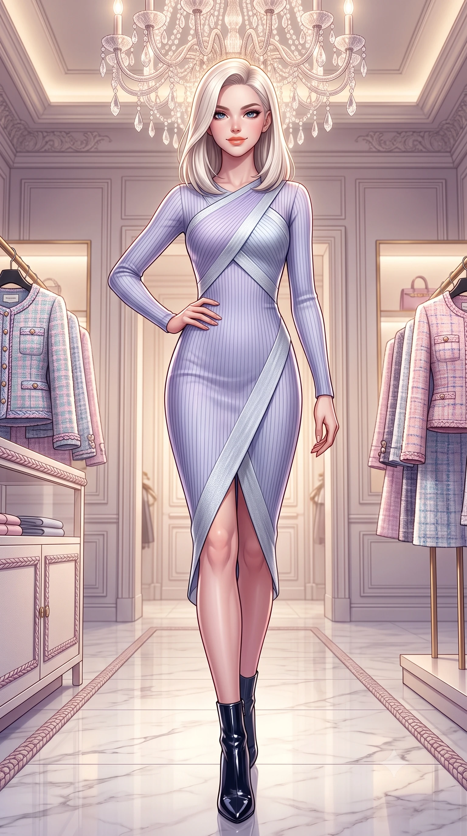 score_9, masterpiece, best quality, ultra-detailed, high-budget anime keyframe, semi-realistic 3D game render, editorial fashion photography, tasteful artistic composition, Caucasian woman. low angle full-body shot from head to toe showing her feet, filling the entire 9:16 vertical frame with her statuesque presence, stretching her vertical silhouette. walking briskly with tall supermodel strides, one hand placed on her narrow hip, her impossibly long slender legs commanding the frame while standing poised in the center of the palatial boutique salon beneath a cascading crystal chandelier, flashing a chic supermodel smile. The surrounding environment is rendered in vivid detail and crisp panoramic clarity: detailed Chanel-inspired pastel tweed jacket weave, braided trim borders, and premier Parisian interior architecture in razor-sharp precision. She has an exceptionally tall and slender model-like 8.5-heads proportion, an ultra-slim waist, a flat toned midriff, narrow delicate ribcage, and beautifully sculpted feminine hips creating a graceful, slim hourglass silhouette without any bulky heaviness, with impossibly long slender legs. sharp v-shaped jawline, high-bridge nose, intricate jewel-like sparkling eyes with depth, thick eyelashes, glossy parted lips with a natural peach sheen, bright cheerful beaming smile with an enchanting and coquettish sensual glint, exuding both youthful cute charm and seductive allure, flawlessly proportioned anatomical accuracy, strict slender model proportions, natural body alignment, perfectly sculpted long slender limbs, ultra-slim waistline, clean dynamic posture without body distortion. wearing a body-hugging asymmetrical-wrap ribbed knit midi dress with fluid stretch fabric tracing her curvaceous hips in frosted mountain lavender and shimmering ice silver, tailored from stretch wool crepe providing structured compression and razor-sharp bodycon lines, complemented by sleek patent leather stiletto ankle boots accentuating her long slender calves, the second-skin tailored fabric adhering flawlessly to her sculpted flat midriff and slender torso, emphasizing her long leg lines and perfectly proportioned willowy build. illuminated by polished marble floor bounce and pristine champagne rim lights defining her razor-sharp jawline and elegant tailored silhouette. highly saturated vibrant anime colors, detailed shading with soft gradients, rich glossy textures, high-contrast stereoscopic depth, volumetric dynamic lighting, master piece, 9:16 ratio