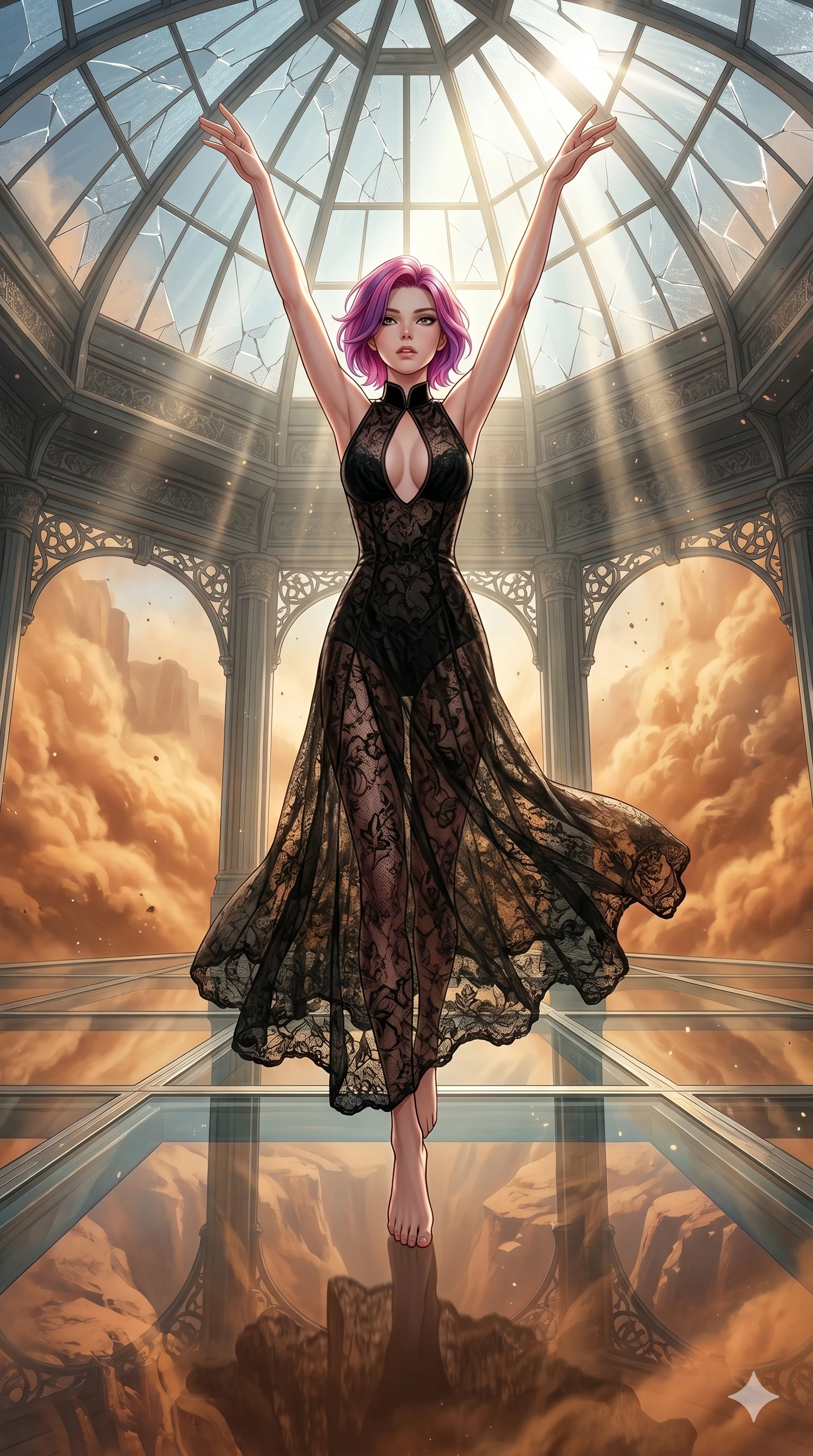 score_9, masterpiece, best quality, ultra-detailed, high-budget anime keyframe, editorial fashion photography, tasteful artistic composition, Caucasian woman, strictly human ears. low angle full-body shot from head to toe showing her feet, filling the entire 9:16 vertical frame with her statuesque presence, stretching her vertical silhouette. Leaping upward with both arms extended overhead, body fully extended atop a floating glass pagoda overlooking a vast canyon of swirling orange dust storms. She has an absolutely perfect 8-heads proportion, an exceptionally tall and slender female figure with impossibly long slender legs and an ultra-slim waist. V-shaped jawline, high-bridge nose, intricate jewel-like eyes with depth, thick eyelashes, glossy lips with a natural sheen. wearing a floor-length gown in semi-opaque black lace with a high velvet collar, a keyhole cutout at the chest, and an under-layer that contours her statuesque figure. drenched in cinematic god-ray sunlight descending from a vaulted glass ceiling, illuminating her form. 2k, ultra detail, master piece, 9:16 ratio