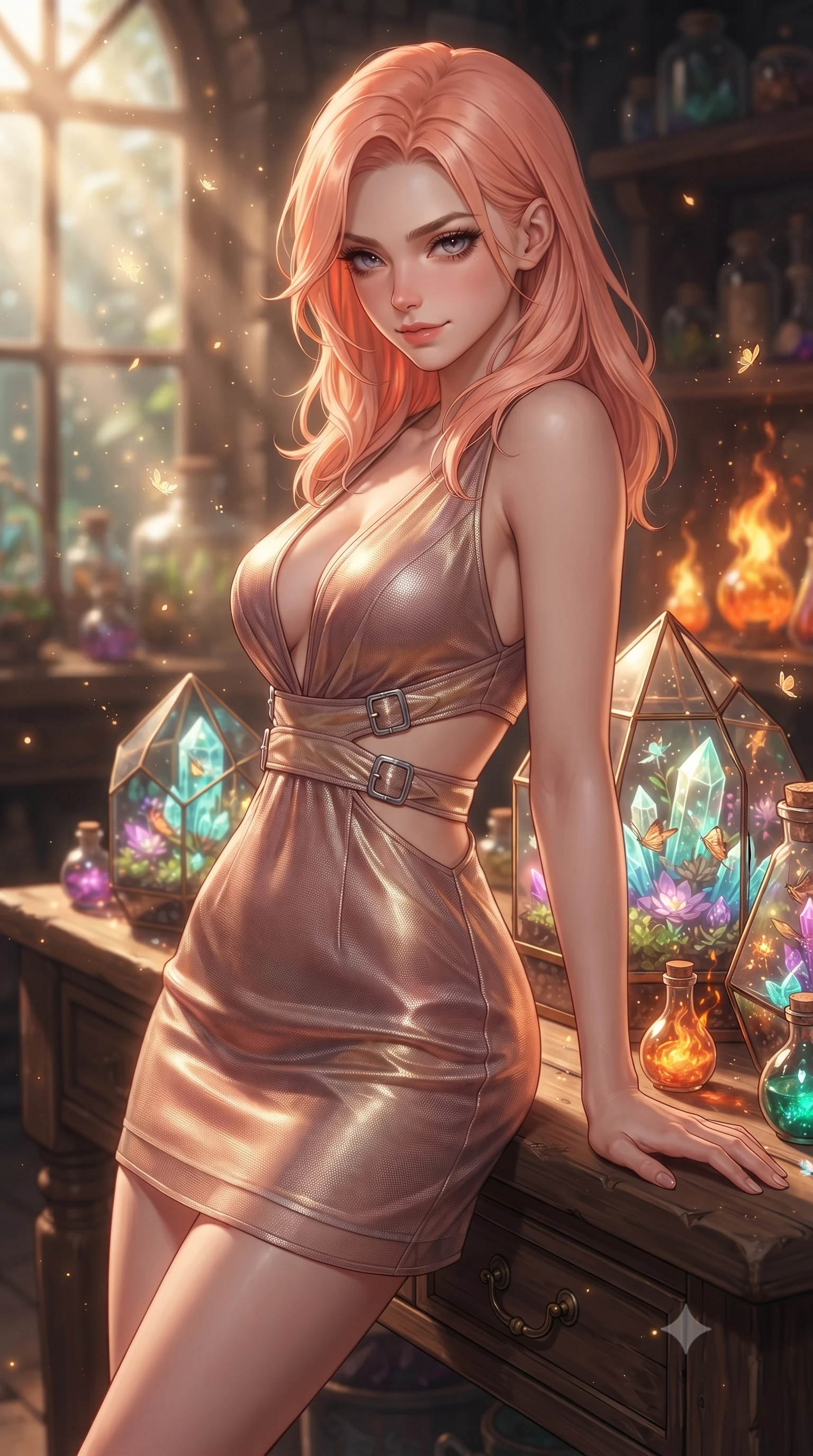 score_9, masterpiece, best quality, ultra-detailed, high-budget anime keyframe, editorial fashion photography, tasteful artistic composition, Japanese woman. close-up cowboy shot from the waist and thighs up, the character dominates the composition, filling the frame with her large presence, background elements kept in soft focus. Glancing sidelong over her shoulder with a smoldering half-smile and heavy lashes resting on an antique wooden workbench surrounded by glowing crystal terrariums, glowing herbal spores drifting in magical sunbeams filtering through glass. She has an exceptionally elegant, slender, and willowy female figure with an ultra-slim waist, a gracefully sculpted slender torso, and a refined silhouette. sharp v-shaped jawline, high-bridge nose, intricate jewel-like eyes with depth, thick eyelashes, glossy lips with a natural sheen. wearing a liquid mercury gloss mini dress with ultra-deep V-neck and waist cutouts in dusty rose and champagne gold, woven from fine semi-opaque sheer organza, detailed with polished silver buckles along the waistline, the tailored fabric tightly following every curve of her athletic build. illuminated by amber potion flames and sparkling spore highlights. ultra-reflective glossy finish, specular highlights, metallic sheen, high-contrast stereoscopic depth, volumetric dynamic lighting, 2k, ultra detail, master piece, 9:16 ratio