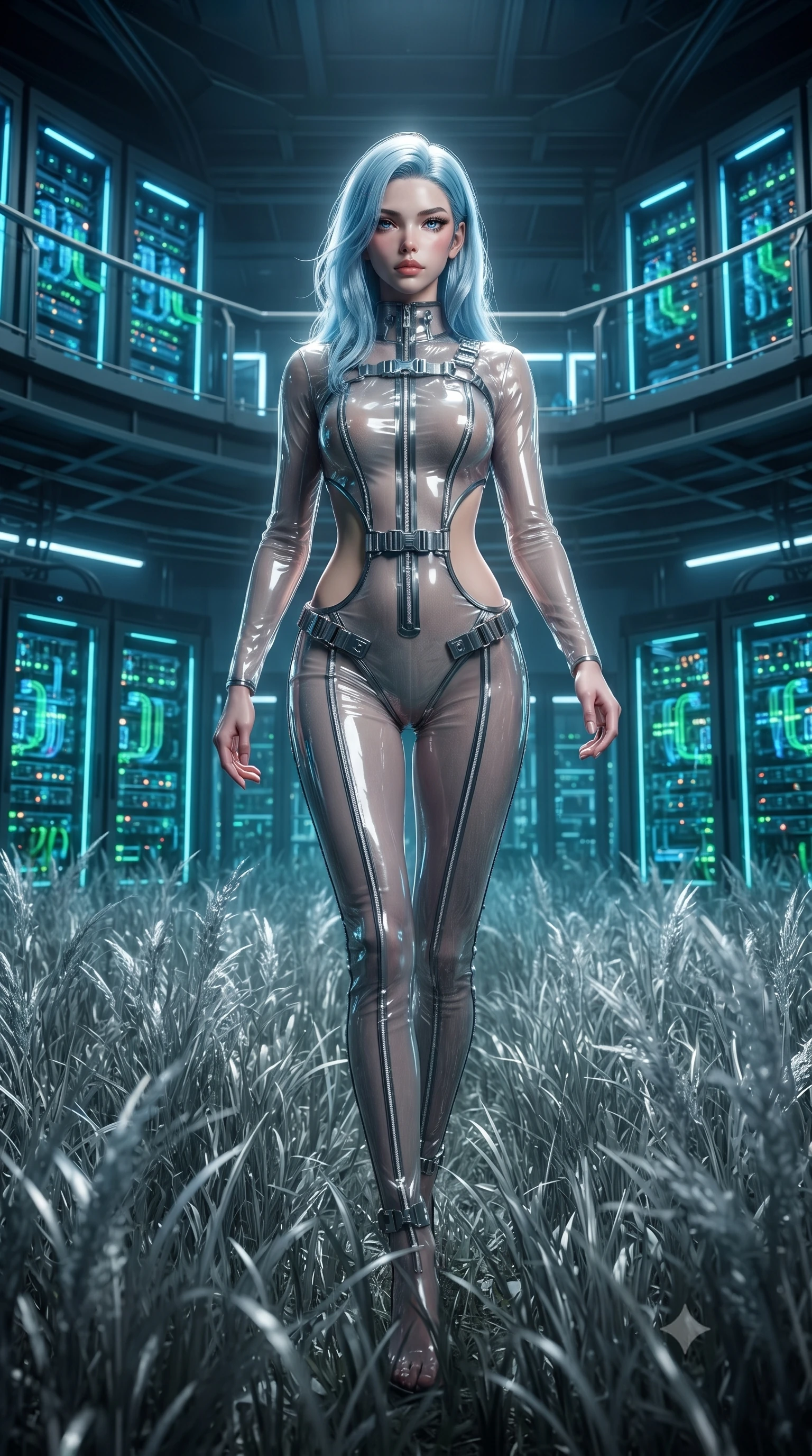 score_9, masterpiece, best quality, ultra-detailed, High-budget Anime Keyframe, editorial fashion photography, tasteful artistic composition, realistic cosplay photography, East Asian woman. Low angle cowboy shot filling the entire 9:16 frame with her statuesque presence. Scenario 394: walking through a field of tall silver grass at a high-tech laboratory with rows of water-cooled server racks. Her presence is magnetic and overpowering in this high-budget cinematic scene. Outfit 394: a slim-fit translucent PVC mesh with a strategic side cut-outs and metallic buckles. The clothing is designed to emphasize her exceptionally tall and slender 8-heads proportion. 8-heads proportion, towering silhouette, ultra-slim waist. sharp v-shaped jawline, intricate jewel-like eyes with depth, thick eyelashes, glossy lips. ultra-reflective glossy finish, specular highlights, metallic sheen, high-contrast stereoscopic depth, volumetric dynamic lighting, 2k, ultra detail, master piece, 9:16 ratio