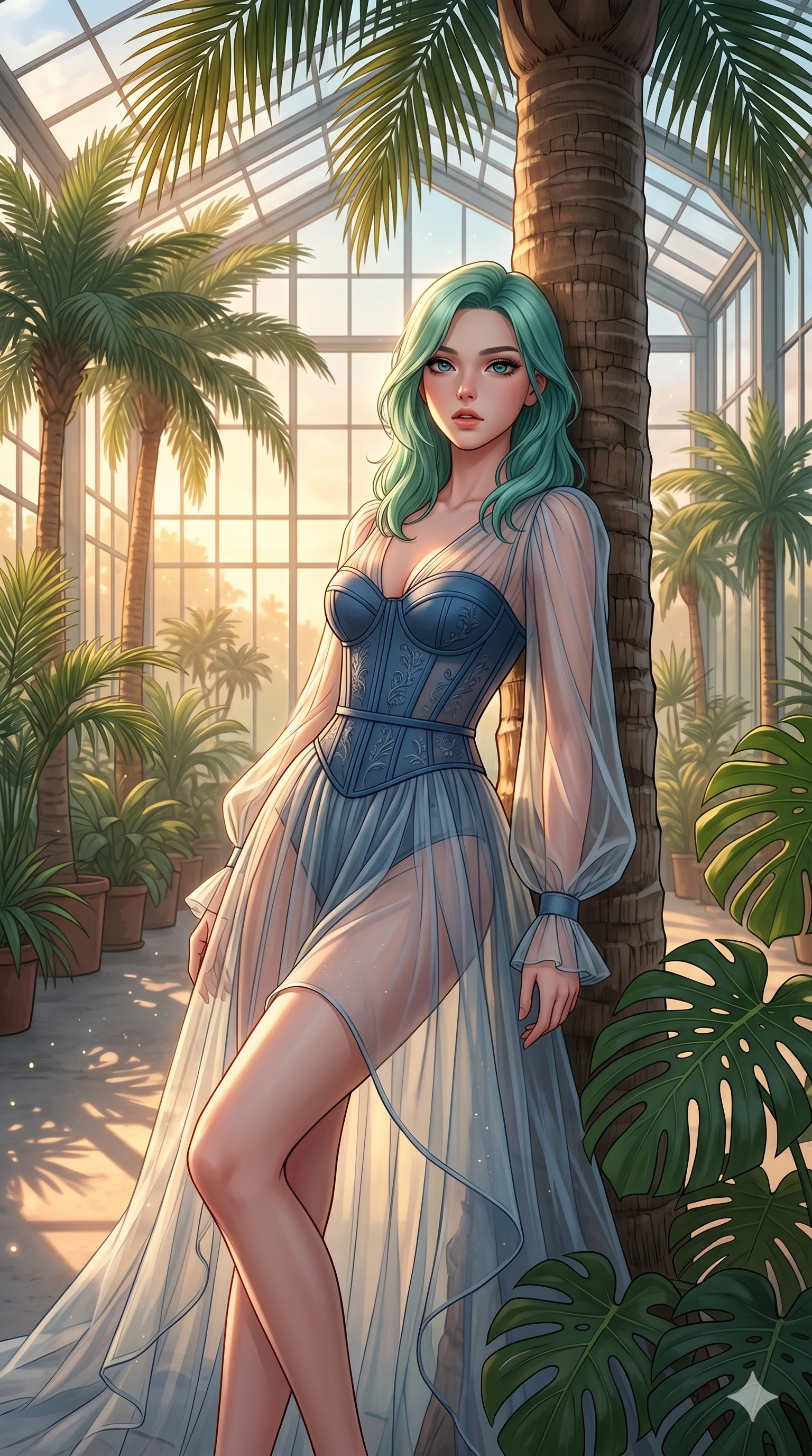 score_9, masterpiece, best quality, ultra-detailed, high-budget anime keyframe, editorial fashion photography, tasteful artistic composition, Japanese woman. cowboy shot from the thighs up, character and outfit filling the frame for maximum editorial presence. leaning back against a palm trunk, her lips parted inside a glass sunroom with rows of tropical palms and monsteras (Code-P19-177). She has an absolutely perfect 8-heads proportion, an exceptionally tall and slender female figure with impossibly long slender legs and an ultra-slim waist. V-shaped jawline, high-bridge nose, intricate jewel-like eyes with depth, thick eyelashes, glossy lips with a natural sheen. wearing a sheer chiffon dress with a blue corset bodice. warm sunset light pouring through the trees, casting a warm glowing aura on her. 2k, ultra detail, master piece, 9:16 ratio