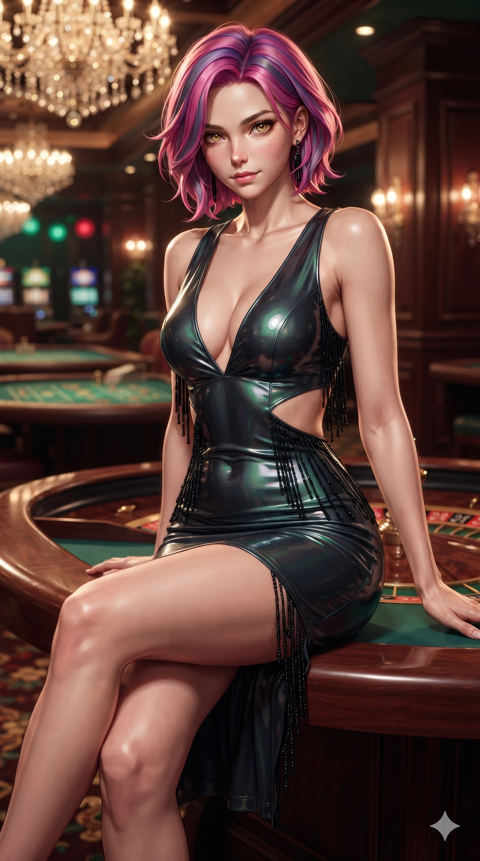 score_9, masterpiece, best quality, ultra-detailed, high-budget anime keyframe, editorial fashion photography, tasteful artistic composition, Caucasian woman. close-up cowboy shot from the waist and thighs up, the character dominates the composition, filling the frame with her large presence. standing poised beside a towering marble fireplace with hips cocked back, casting an alluring, sovereign gaze toward the viewer while perched on the mahogany roulette table edge with legs crossed, leaning close with sparkling eyes and an intoxicating siren smile. The background shows a soft-focus crystal chandeliers, emerald-green baize gaming tables, and polished mahogany paneling blurred into emerald, ruby, and gold bokeh. She has an exceptionally elegant, slender, and willowy female figure with an ultra-slim waist, flat toned midriff, narrow ribcage, and sculpted feminine hips creating an alluring, slim hourglass silhouette without bulk. sharp v-shaped jawline, high-bridge nose, intricate jewel-like dark sparkling eyes with dangerous depth, thick curled eyelashes, glossy parted lips with a rich wine sheen, smoldering seductive half-smile with bedroom-eyes, exuding effortless superiority and intoxicating dark allure, flawlessly proportioned anatomical accuracy, strict slender model proportions, natural body alignment, perfectly sculpted long slender limbs, ultra-slim waistline, clean dynamic posture without body distortion. wearing a slinky deep-V liquid jersey cocktail dress with waist cutout accentuating her hourglass curves in iridescent petroleum beetle-sheen and deep graphite, crafted from wet-look high-gloss vinyl fabric with dazzling specular surface reflections, accented with fine jet-black beaded tassels that sway with each movement, the form-fitting cut adhering flawlessly to her sculpted flat midriff and slender torso, emphasizing her long leg lines and perfectly proportioned willowy build. illuminated by polished mahogany table bounce and sharp champagne-gold rim lights sculpting her razor-sharp jawline, narrow waist, and curvy hips. ultra-reflective glossy finish, specular highlights, rich textural contrasts, high-contrast stereoscopic depth, volumetric dynamic lighting, 2k, ultra detail, master piece, 9:16 ratio