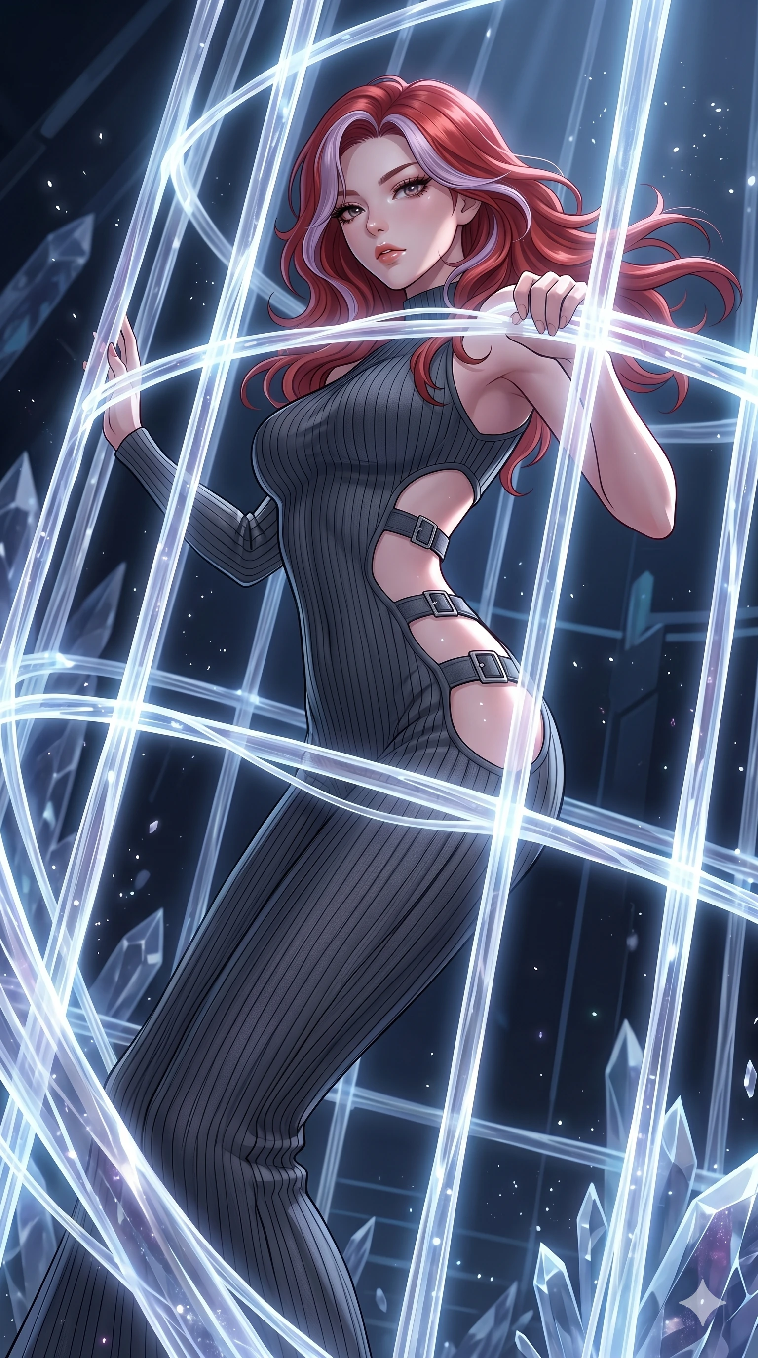 score_9, masterpiece, best quality, ultra-detailed, High-budget Anime Keyframe, East Asian woman. Dynamic full-body shot stretching the vertical silhouette to the limit. Scenario 162: Trapped in a cage of glowing crystalline fibers, body pressing against the bars. Her presence is magnetic and overpowering in this high-budget anime scene. Outfit 162: A ribbed bodycon knit second with a strategic side cut-outs and metallic buckles. The clothing is designed to emphasize her exceptionally tall and slender 8-heads proportion. 8-heads proportion, towering silhouette, ultra-slim waist. sharp v-shaped jawline, intricate jewel-like eyes with depth, thick eyelashes, glossy lips. 2k, ultra detail, master piece, 9:16 ratio