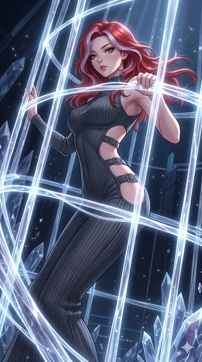 score_9, masterpiece, best quality, ultra-detailed, High-budget Anime Keyframe, East Asian woman. Dynamic full-body shot stretching the vertical silhouette to the limit. Scenario 162: Trapped in a cage of glowing crystalline fibers, body pressing aga
