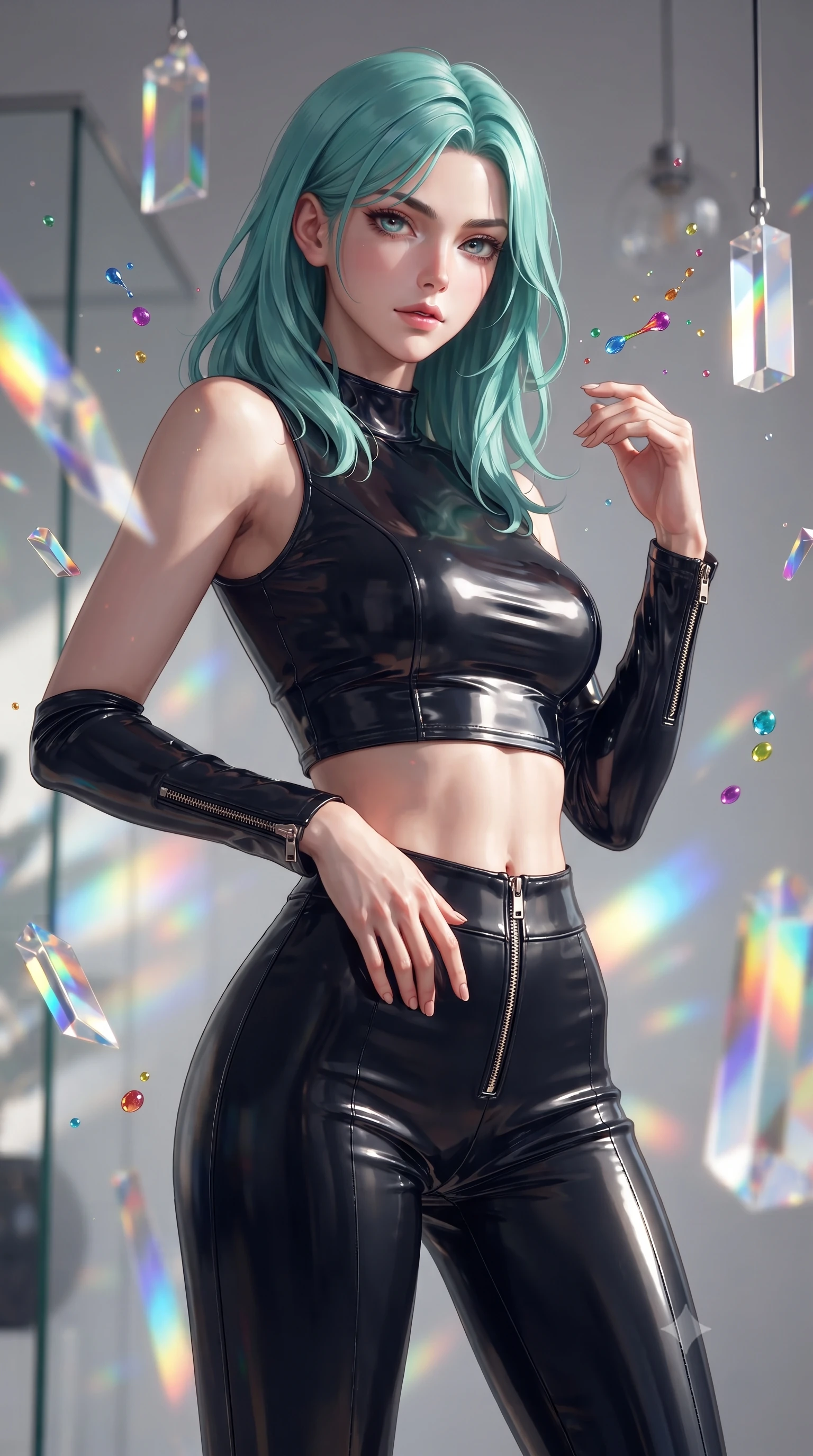 score_9, masterpiece, best quality, ultra-detailed, high-budget anime keyframe, editorial fashion photography, tasteful artistic composition, Japanese woman. close-up cowboy shot from the waist and thighs up, the character dominates the composition, filling the frame with her large presence, background elements kept in soft focus. Leaning slightly forward with a composed, seductive gaze under soft glowing light interacting with floating glass prisms that refract liquid light into rainbows, vibrant paint droplets frozen in time casting specular highlights. She has an exceptionally elegant, slender, and willowy female figure with an ultra-slim waist, a gracefully sculpted slender torso, and a refined silhouette. sharp v-shaped jawline, high-bridge nose, intricate jewel-like eyes with depth, thick eyelashes, glossy lips with a natural sheen. wearing a glossy vinyl crop top and high-waist tailored leggings with sleek metallic zippers, the form-contouring material highlighting her ultra-slim waist and long lines. illuminated by brilliant multi-color rainbow light refracting through glass. ultra-reflective glossy finish, specular highlights, metallic sheen, high-contrast stereoscopic depth, volumetric dynamic lighting, 2k, ultra detail, master piece, 9:16 ratio
