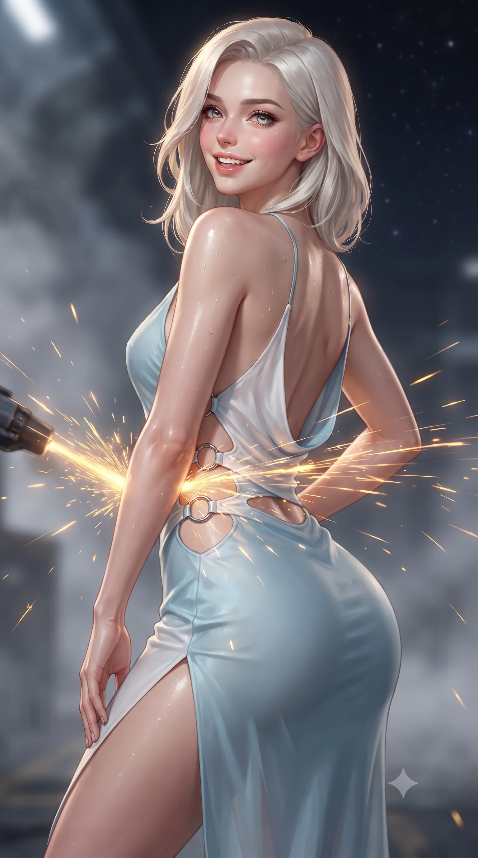 score_9, masterpiece, best quality, ultra-detailed, high-budget anime keyframe, editorial fashion photography, tasteful artistic composition, Caucasian woman. close-up cowboy shot from the waist and thighs up, the character dominates the composition, filling the frame with her large presence. posing in an alluring rear three-quarter angle, looking over a bare shoulder with parted glossy lips, her hips cocked back to highlight her slim hourglass curve while twisting her slender torso in an alluring contrapposto stance, cascades of welding sparks painting dynamic molten gold light ribbons across her narrow waist and hips. The background shows a soft-focus welding vapor haze softened in zero-gravity naval drydock shallow focus. She has an exceptionally elegant, slender, and willowy female figure with an ultra-slim waist, flat toned midriff, narrow ribcage, and sculpted feminine hips creating an alluring, slim hourglass silhouette without bulk. sharp v-shaped jawline, high-bridge nose, intricate jewel-like sparkling eyes with depth, thick eyelashes, glossy parted lips with a natural peach sheen, bright cheerful beaming smile with an enchanting and coquettish sensual glint, exuding both youthful cute charm and seductive allure, flawlessly proportioned anatomical accuracy, strict slender model proportions, natural body alignment, perfectly sculpted long slender limbs, ultra-slim waistline, clean dynamic posture without body distortion. wearing a form-contouring gossamer silk chiffon combat slip dress with a hip-high slit and open cowl back clinging with dewy moisture in arctic cryo-glacier ice blue and platinum white, adorned with delicate chrome ring hardware and cutouts along her slender waist, finished with sleek magnetic buckle closures fluttering in the breeze, the bespoke structured tailoring following the natural line of her 8.5-heads silhouette with refined elegance. bathed in high-contrast golden welding arcs contrasted with deep obsidian shadow gradients and starlight. ultra-reflective glossy finish, specular highlights, rich textural contrasts, high-contrast stereoscopic depth, volumetric dynamic lighting, 2k, ultra detail, master piece, 9:16 ratio