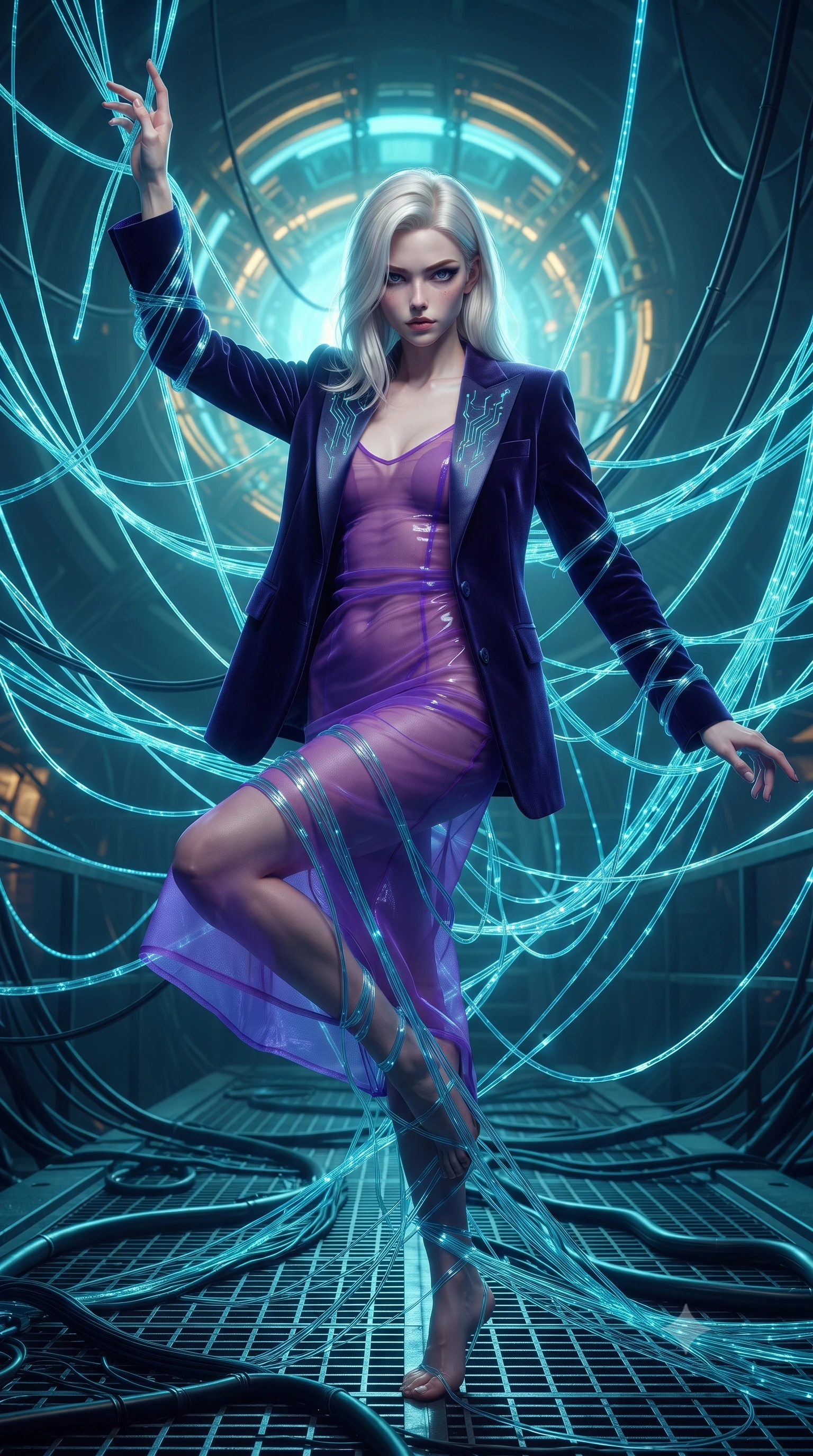score_9, masterpiece, best quality, ultra-detailed, High-budget Anime Keyframe, editorial fashion photography, tasteful artistic composition, realistic cosplay photography, Caucasian woman, strictly human ears. Low angle cowboy shot filling the entire 9:16 frame with her statuesque presence. Scenario 515: tangled in a web of glowing cyan fiber-optic cables inside a secret bio-dome containing a giant glowing fusion reactor. Her presence is magnetic and overpowering in this high-budget cinematic scene. Outfit 515: a form-contouring neon violet sheer organza slip dress layered under a structured velvet blazer. The clothing is designed to emphasize her exceptionally tall and slender 8-heads proportion. 8-heads proportion, towering silhouette, ultra-slim waist. sharp v-shaped jawline, intricate jewel-like eyes with depth, thick eyelashes, glossy lips. ultra-reflective glossy finish, specular highlights, metallic sheen, high-contrast stereoscopic depth, volumetric dynamic lighting, 2k, ultra detail, master piece, 9:16 ratio