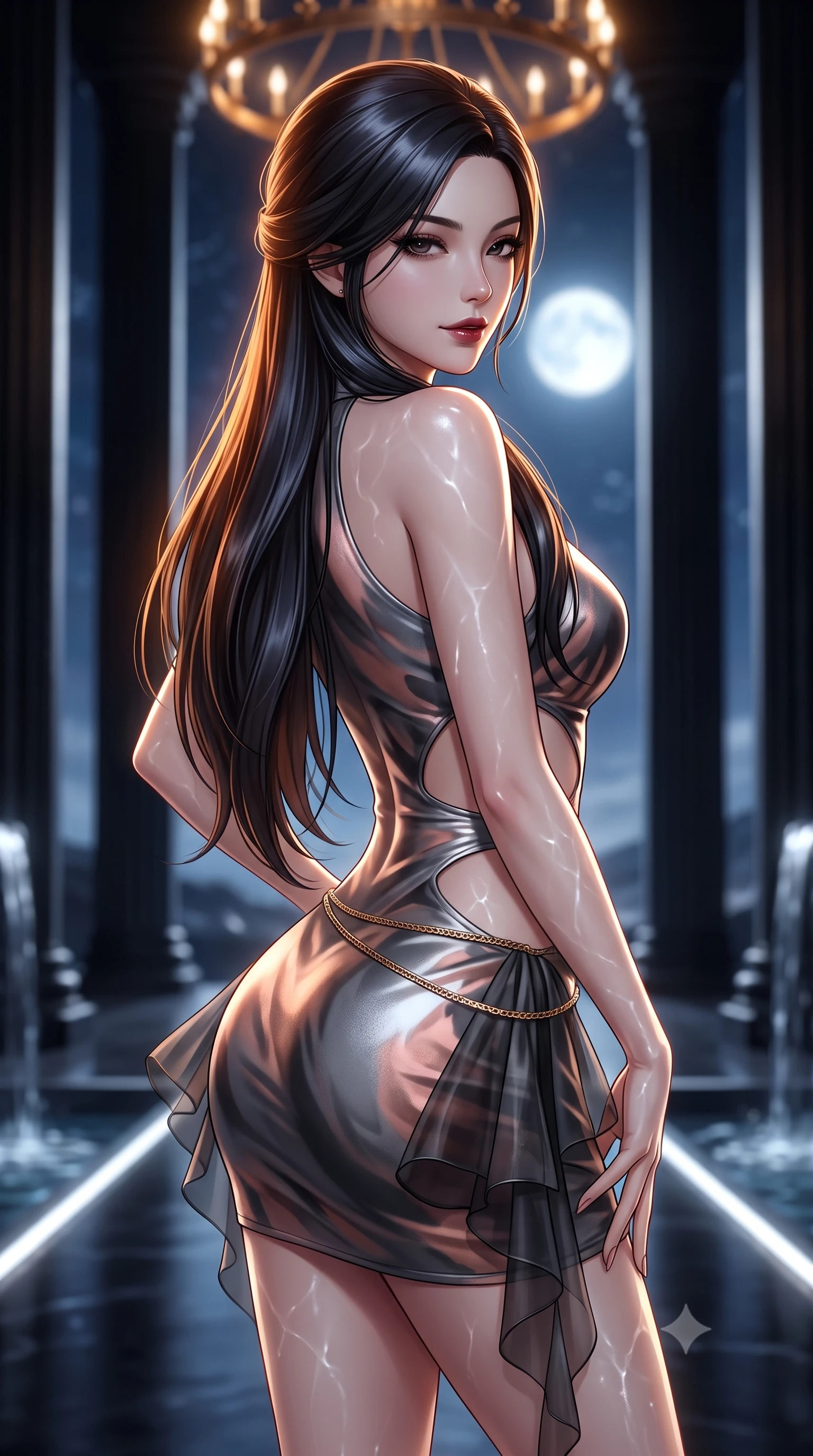 score_9, masterpiece, best quality, ultra-detailed, high-budget anime keyframe, semi-realistic 3D game render, editorial fashion photography, tasteful artistic composition, Korean woman. close-up cowboy shot from the waist and thighs up, the character dominates the composition, filling the frame with her large presence. turning slowly with a smoldering smile, her glossy dark hair catching the amber chandelier rim light as her hips angle gracefully in a captivating contrapposto while twisting her slender torso in an alluring S-curve, water caustics and moonlight playing across her narrow waist and rounded feminine hips. The composition keeps background elements in soft focus with dreamy creamy bokeh. soaring minimalist black basalt columns and distant open midnight sky with bright full moon blurred into cold platinum, silver, and obsidian bokeh. She has an exceptionally elegant, slender, and willowy female figure with an ultra-slim waist, flat toned midriff, narrow ribcage, and sculpted feminine hips creating an alluring, slim hourglass silhouette without bulk. sharp v-shaped jawline, high-bridge nose, intricate jewel-like dark sparkling eyes with dangerous depth, thick curled eyelashes, glossy parted lips with a rich wine sheen, smoldering seductive half-smile with bedroom-eyes, exuding effortless superiority and intoxicating dark allure, flawlessly proportioned anatomical accuracy, strict slender model proportions, natural body alignment, perfectly sculpted long slender limbs, ultra-slim waistline, clean dynamic posture without body distortion. wearing a cut-out liquid silver mini dress with open-waist architecture emphasizing her hourglass curves in smoky charcoal slate and molten rose gold, crafted from layered gossamer black organza with weightless, smoky flutter, finished with a delicate gold snake chain belt resting loosely across her curvy hips, the form-fitting cut adhering flawlessly to her sculpted flat midriff and slender torso, emphasizing her long leg lines and perfectly proportioned willowy build. illuminated by subtle underwater fiber-optic perimeter lights and crisp platinum rim lighting sharply carving her slim torso, narrow waist, and curvy hips. highly saturated vibrant anime colors, detailed shading with soft gradients, rich glossy textures, high-contrast stereoscopic depth, volumetric dynamic lighting, master piece, 9:16 ratio