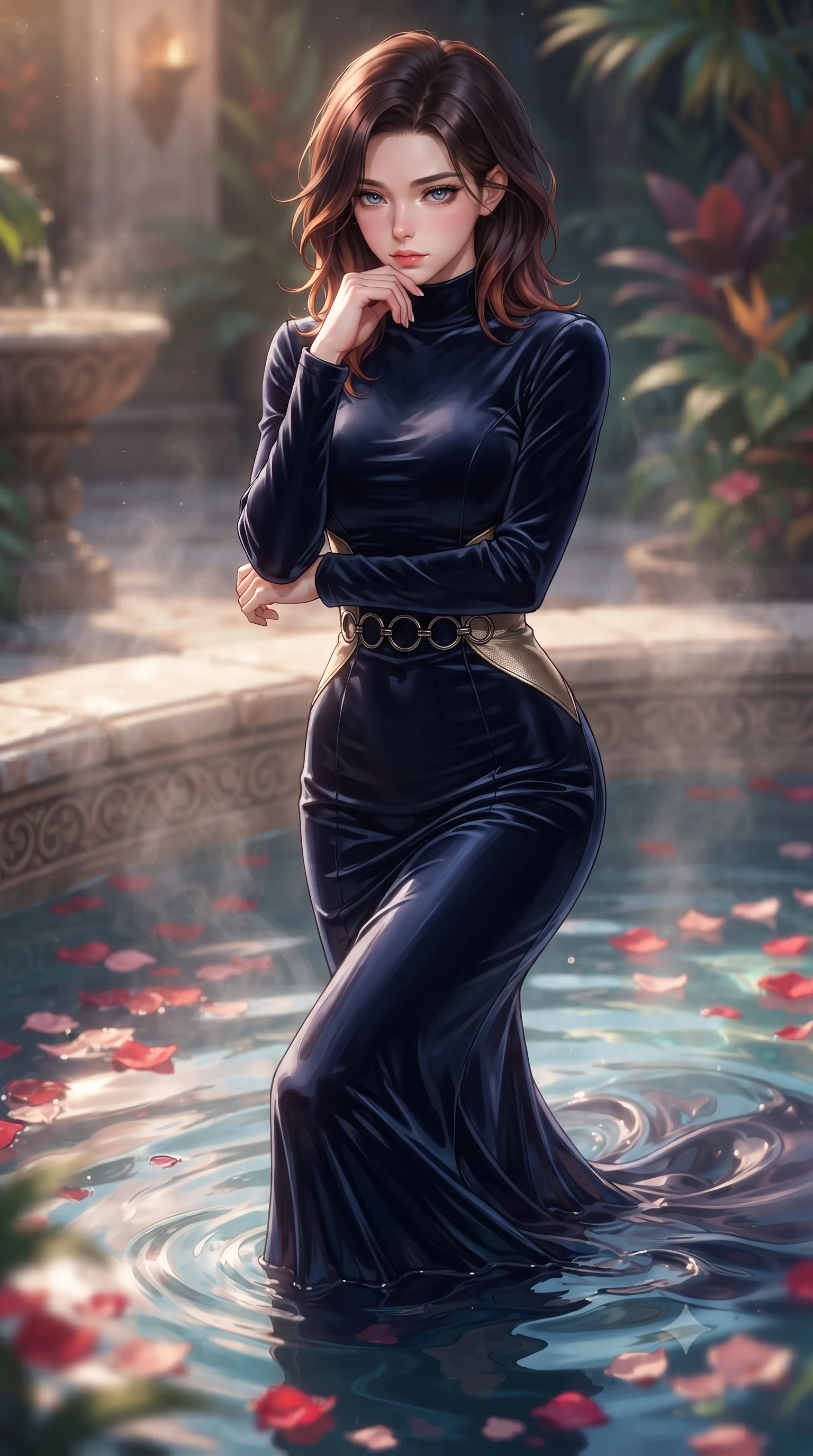 score_9, masterpiece, best quality, ultra-detailed, high-budget anime keyframe, editorial fashion photography, tasteful artistic composition, Korean woman. close-up cowboy shot from the waist and thighs up, the character dominates the composition, filling the frame with her large presence, background elements kept in soft focus. Resting her chin on the backs of her fingers with an air of effortless superiority, stepping gracefully into a warm pool floating with delicate red and pink petals, fluid movement of her body contoured by a form-fitting liquid silk gown. She has an exceptionally elegant, slender, and willowy female figure with an ultra-slim waist, a gracefully sculpted slender torso, and a refined silhouette. sharp v-shaped jawline, high-bridge nose, intricate jewel-like eyes with depth, thick eyelashes, glossy lips with a natural sheen. wearing floor-length high-neck midnight navy velvet gown with long sleeves in champagne gold, made of matte carbon-fiber weave, trimmed with dark chrome ring hardware along the waist contours, highlighting her statuesque proportions and ultra-slim waistline. lit by clear warm key rays highlighting her refined facial features. highly saturated vibrant anime colors, detailed shading with soft gradients, rich glossy textures, high-contrast stereoscopic depth, volumetric dynamic lighting, master piece, 9:16 ratio