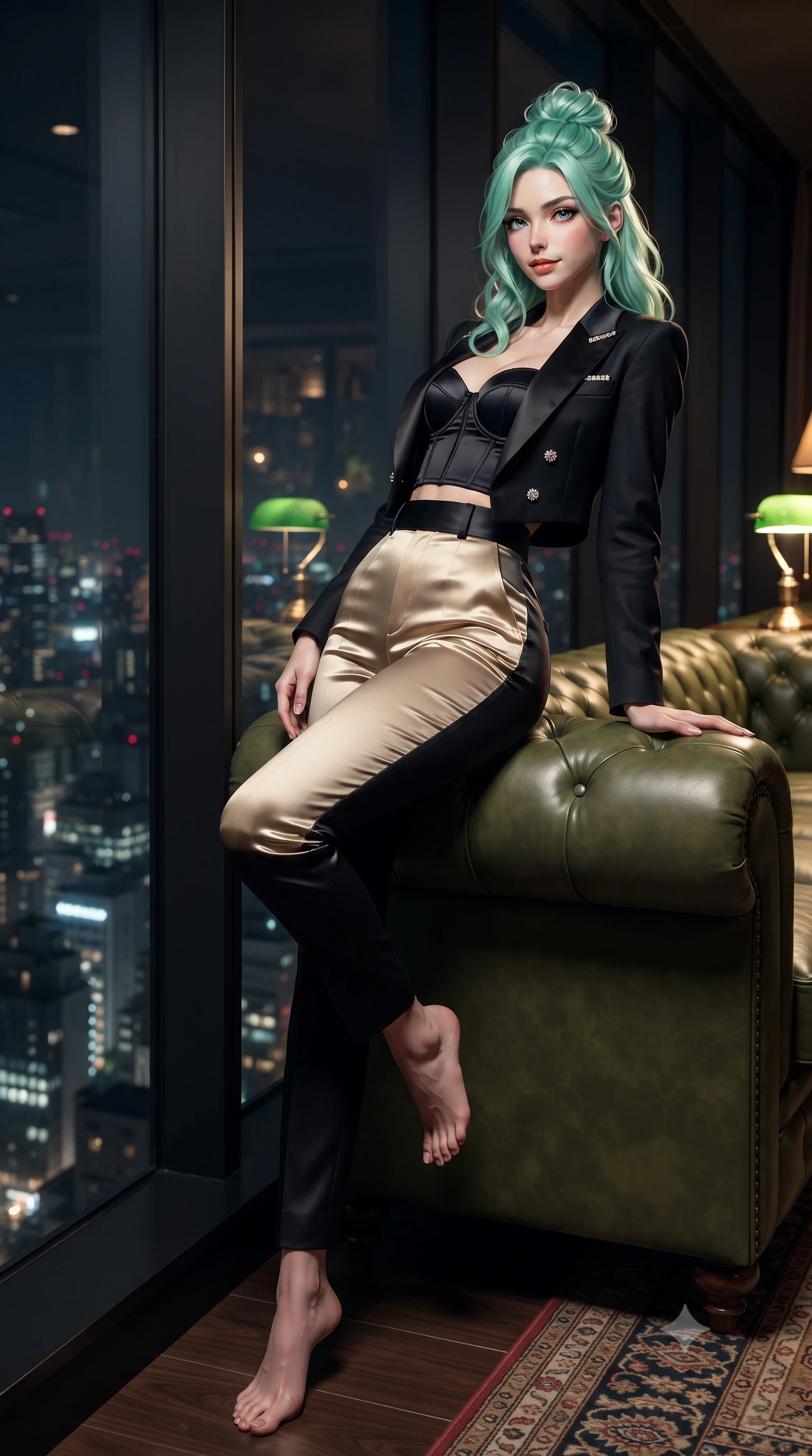 score_9, masterpiece, best quality, ultra-detailed, high-budget anime keyframe, editorial fashion photography, tasteful artistic composition, Japanese woman. low angle full-body shot from head to toe showing her feet, filling the entire 9:16 vertical frame with her statuesque presence, stretching her vertical silhouette. leaning back against the panoramic glass window with hips cocked back in an unapologetically alluring high-fashion stance, illuminated by the city night vista while reclining back into a deep olive-green tufted Chesterfield sofa with one knee crossed over the other, arching her back with aristocratic poise. The composition keeps background elements in soft focus with dreamy creamy bokeh. vintage Persian rugs and glowing green-bankers lamps softened in exclusive club shallow focus. She has an exceptionally tall and slender model-like 8.5-heads proportion, an ultra-slim waist, a flat toned midriff, narrow delicate ribcage, and beautifully sculpted feminine hips creating a graceful, slim hourglass silhouette without any bulky heaviness, with impossibly long slender legs. sharp v-shaped jawline, high-bridge nose, intricate jewel-like dark sparkling eyes with dangerous depth, thick curled eyelashes, glossy parted lips with a rich wine sheen, smoldering seductive half-smile with bedroom-eyes, exuding effortless superiority and intoxicating dark allure, flawlessly proportioned anatomical accuracy, strict slender model proportions, natural body alignment, perfectly sculpted long slender limbs, ultra-slim waistline, clean dynamic posture without body distortion. wearing a tailored cropped midnight-black tuxedo blazer worn over a structured bustier top and high-waisted cigarette trousers in midnight jet-black and liquid champagne gold, crafted from heavy fluid silk satin with a liquid mirror-like drape, finished with subtle crystal rhinestones lining the plunging neckline, the liquid-tight tailored fabric clinging flawlessly to her narrow waist and rounded feminine hips, emphasizing every millimeter of her sculpted slim hourglass curves without any bulky heaviness. illuminated by focused key lighting and warm champagne rim light sculpting her razor-sharp jawline, narrow waist, and curvy hips. ultra-reflective glossy finish, specular highlights, rich textural contrasts, high-contrast stereoscopic depth, volumetric dynamic lighting, 2k, ultra detail, master piece, 9:16 ratio