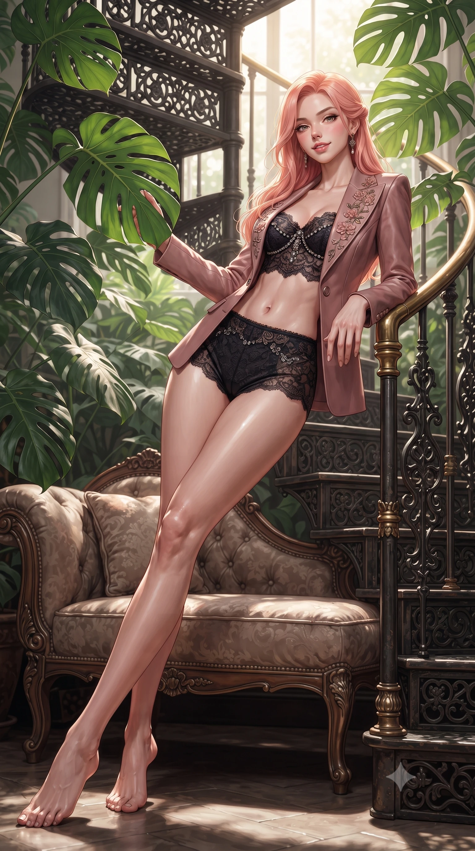 score_9, masterpiece, best quality, ultra-detailed, high-budget anime keyframe, editorial fashion photography, tasteful artistic composition, Japanese woman. low angle full-body shot from head to toe showing her feet, filling the entire 9:16 vertical frame with her statuesque presence, stretching her vertical silhouette. reclining gracefully across the plush chaise lounge with one leg extended, her sculpted silhouette and flat midriff radiating magnetic nocturnal glamour while leaning against the spiral stair railing with hips cocked back, looking through split monstera leaves with an irresistible, parted-lip smile. The surrounding environment is rendered in vivid detail and crisp panoramic clarity: sharp perforated monstera leaf edges, cast-iron stair tread filigree patterns, and brass handrail polish in deep focus. She has an absolutely perfect, statuesque 8.5-heads proportion, an exceptionally tall and slender model-like female figure with impossibly long slender legs, an ultra-slim waist, a flat toned midriff, narrow delicate ribcage, and beautifully sculpted feminine hips creating a graceful, slim hourglass silhouette without any bulky heaviness. sharp v-shaped jawline, high-bridge nose, sparkling eyes with hypnotic seductive depth, thick curled eyelashes, glossy parted lips with a natural dewy peach sheen, alluring bedroom-eyes with an enchanting coquettish smile, exuding magnetic siren charisma and sophisticated glamour, flawlessly proportioned anatomical accuracy, strict slender model proportions, natural body alignment, perfectly sculpted long slender limbs, ultra-slim waistline, clean dynamic posture without body distortion. wearing a tailored open-front smoking jacket worn over a jewel-embellished bandeau top and micro-shorts in dusky blush rose and antique black chantilly lace, woven from buttery-soft stretch lambskin leather adhering to her body like a second skin, finished with delicate floral vine embroidery tracing along her sweetheart neckline with intimate elegance, the form-contouring silhouette accentuating her sculpted flat midriff, narrow delicate ribcage, and gracefully curvy hips with intoxicating allure. bathed in vertical shafts of bright morning sun penetrating the dense botanical canopy. ultra-reflective glossy finish, specular highlights, rich textural contrasts, high-contrast stereoscopic depth, volumetric dynamic lighting, 2k, ultra detail, master piece, 9:16 ratio