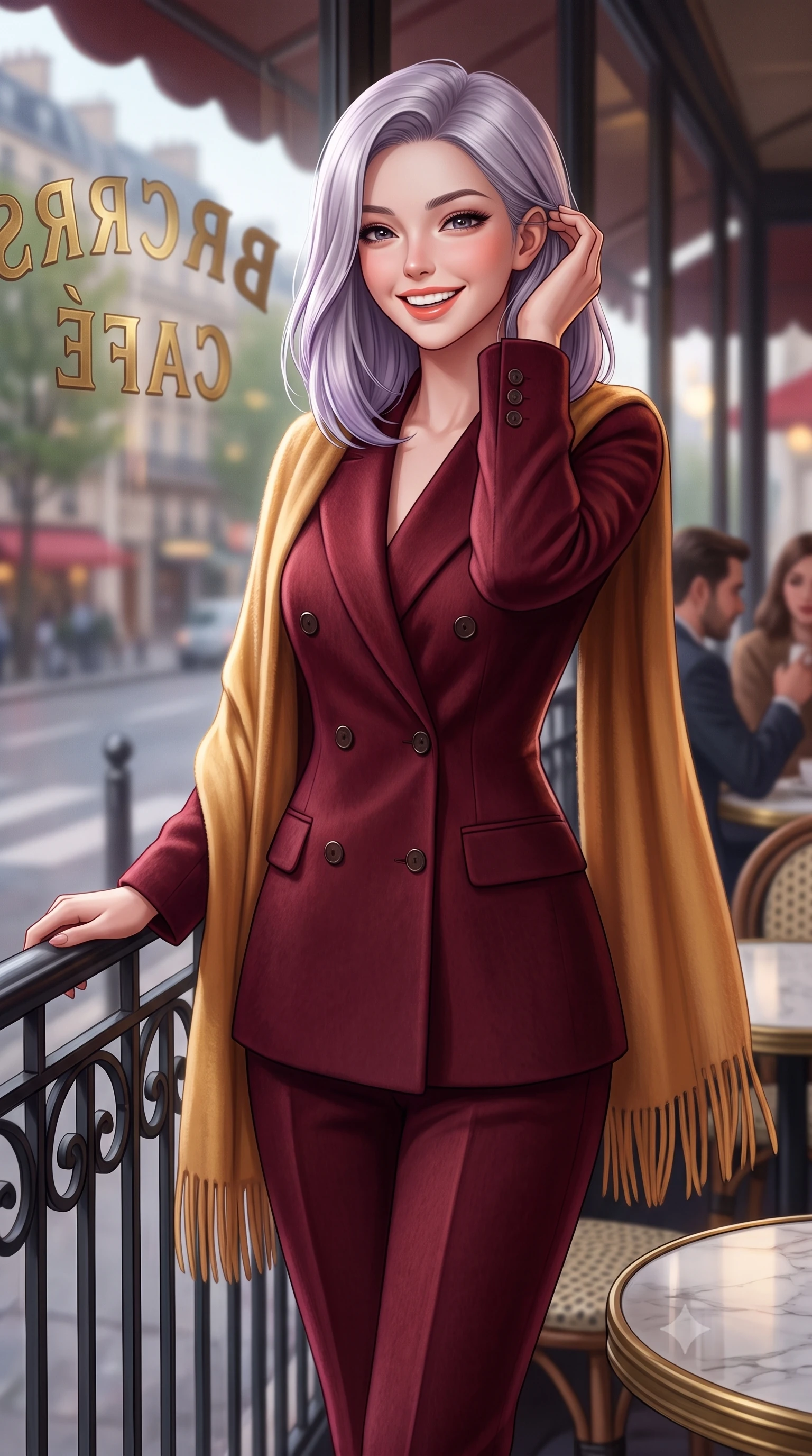 score_9, masterpiece, best quality, ultra-detailed, high-budget anime keyframe, semi-realistic 3D game render, editorial fashion photography, tasteful artistic composition, Caucasian woman. close-up cowboy shot from the waist and thighs up, the character dominates the composition, filling the frame with her large presence. gently brushing a lock of hair behind her ear with one hand while flashing a radiant, joyful smile while standing beside the wrought-iron café railing looking out over Boulevard Saint-Germain, turning with playful coquettish charm. The background shows a soft-focus brass café lettering on glass softened in romantic Left Bank intellectual shallow focus. She has an exceptionally elegant, slender, and willowy female figure with an ultra-slim waist, flat toned midriff, narrow ribcage, and sculpted feminine hips creating an alluring, slim hourglass silhouette without bulk. sharp v-shaped jawline, high-bridge nose, intricate jewel-like sparkling eyes with depth, thick eyelashes, glossy parted lips with a natural peach sheen, bright cheerful beaming smile with an enchanting and coquettish sensual glint, exuding both youthful cute charm and seductive allure, flawlessly proportioned anatomical accuracy, strict slender model proportions, natural body alignment, perfectly sculpted long slender limbs, ultra-slim waistline, clean dynamic posture without body distortion. wearing a refined double-breasted wool gabardine pantsuit with clean minimalist tailoring and a concealed placket in rich Oxford burgundy and golden amber, woven from plush alpaca yarn with a cloud-like fuzzy texture and soft halo, accented with a wide brushed cashmere fringe scarf draped elegantly over one shoulder, the streamlined silhouette following her natural slender proportions with sophisticated poise, enhancing her tall willowy presence. illuminated by zinc counter and marble tabletop bounce with delicate platinum rim lights sculpting her features and slender waist. highly saturated vibrant anime colors, detailed shading with soft gradients, rich glossy textures, high-contrast stereoscopic depth, volumetric dynamic lighting, master piece, 9:16 ratio