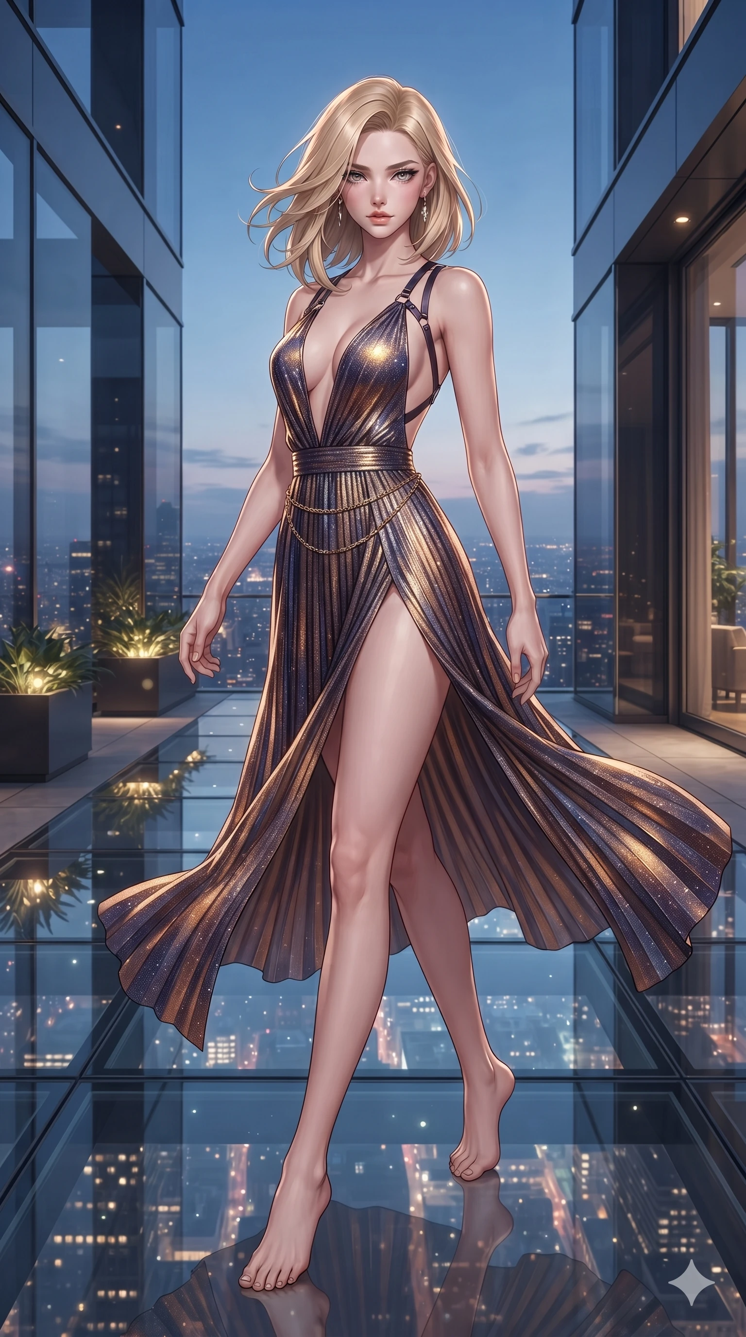 score_9, masterpiece, best quality, ultra-detailed, high-budget anime keyframe, editorial fashion photography, tasteful artistic composition, Korean woman. low angle full-body shot from head to toe showing her feet, filling the entire 9:16 vertical frame with her statuesque presence, stretching her vertical silhouette. striding across the penthouse terrace as river breezes whip her high-slit dress open, accentuating her long slender legs and curvy hips while twisting her slender torso in an alluring contrapposto stance, shimmering city light reflections tracing her narrow waist and curvy hips through the transparent floor. The surrounding environment is rendered in vivid detail and crisp panoramic clarity: detailed liquid-silk jersey evening dress tailoring, open-back leather harness straps, and monumental terrace engineering in razor-sharp precision. She has an exceptionally tall and slender model-like 8.5-heads proportion, an ultra-slim waist, a flat toned midriff, narrow delicate ribcage, and beautifully sculpted feminine hips creating a graceful, slim hourglass silhouette without any bulky heaviness, with impossibly long slender legs. sharp v-shaped jawline, high-bridge nose, intricate jewel-like sparkling eyes with depth, thick eyelashes, glossy parted lips with a natural sheen, intensely captivating and seductive bedroom-eyes expression, exuding both youthful cute charm and sovereign luxury allure, flawlessly proportioned anatomical accuracy, strict slender model proportions, natural body alignment, perfectly sculpted long slender limbs, ultra-slim waistline, clean dynamic posture without body distortion. wearing a backless crushed velvet mini dress with a deep plunging neckline and hip-high thigh slit in cosmic eclipse amber and starlight diamond, crafted from luxurious metallic lamé that shifts radiance with every step, accented with a delicate gold chain belt resting loosely on her curvy hips, the form-contouring material adhering flawlessly to her sculpted flat midriff and slender torso, emphasizing her long leg lines and perfectly proportioned willowy build. illuminated by glass floor bounce and sharp gold-cyan rim lights defining her razor-sharp jawline, narrow waist, and curvy hips. ultra-reflective glossy finish, specular highlights, rich textural contrasts, high-contrast stereoscopic depth, volumetric dynamic lighting, 2k, ultra detail, master piece, 9:16 ratio