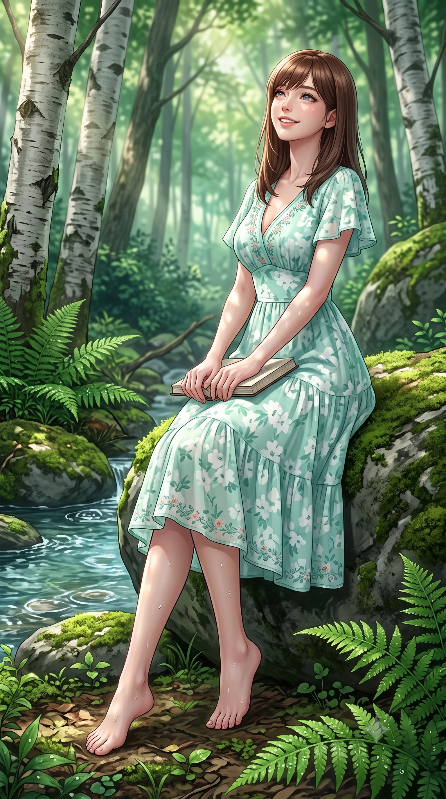 score_9, masterpiece, best quality, ultra-detailed, high-budget anime keyframe, semi-realistic 3D game render, editorial fashion photography, tasteful artistic composition, Korean woman. low angle full-body shot from head to toe showing her feet, filling the entire 9:16 vertical frame with her statuesque presence, stretching her vertical silhouette. pivoting dynamically with a fresh infectious smile, her ultra-slim waist and long slender legs creating a fluid graceful line while leaning against a mossy forest boulder with a book in her lap, looking up with a gentle, enchanting expression. The surrounding environment is rendered in vivid detail and crisp panoramic clarity. distinct white birch bark textures, dewdrops on emerald fern fronds, and crystal stream ripples in deep focus. She has an absolutely perfect, statuesque 8.5-heads proportion, an exceptionally tall and slender model-like female figure with impossibly long slender legs, a toned flat midriff, and an ultra-slim waist. sharp v-shaped jawline, high-bridge nose, intricate jewel-like eyes with depth, thick eyelashes, glossy lips with a natural sheen, pure and lovely fresh girlhood expression, flawlessly proportioned anatomical accuracy, strict slender model proportions, natural body alignment, perfectly sculpted long slender limbs, ultra-slim waistline, clean dynamic posture without body distortion. wearing a breezy tiered chiffon sundress with delicate floral print and short flutter sleeves in refreshing mint green and crisp sea-salt white, tailored from soft pastel lightweight wool blend with subtle texture, complemented by subtle floral embroidery along the neckline and hem, the body-hugging lightweight knit clinging delicately to her slender torso, accentuating her graceful neck and feminine lines. illuminated by soft natural dappled forest light creating playful sun patterns across her face and dress. highly saturated vibrant anime colors, detailed shading with soft gradients, rich glossy textures, high-contrast stereoscopic depth, volumetric dynamic lighting, master piece, 9:16 ratio