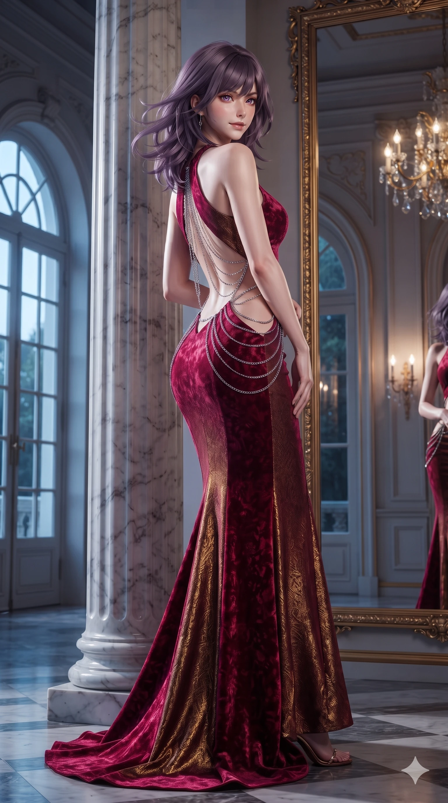 score_9, masterpiece, best quality, ultra-detailed, high-budget anime keyframe, editorial fashion photography, tasteful artistic composition, Japanese woman. low angle full-body shot from head to toe showing her feet, filling the entire 9:16 vertical frame with her statuesque presence, stretching her vertical silhouette. posing in a classic haute-couture S-curve stance beside the marble column, looking over a bare shoulder with magnetic presence while turning slowly with an enchanting smoldering smile, her glossy hair tossing in the breeze as her hips angle gracefully before floor-to-ceiling gilded mirrors. The surrounding environment is rendered in vivid detail and crisp panoramic clarity: detailed bespoke fashion tailoring, high-gloss satin sheen, and classical palace architecture in razor-sharp precision. She has an exceptionally tall and slender model-like 8.5-heads proportion, an ultra-slim waist, a flat toned midriff, narrow delicate ribcage, and beautifully sculpted feminine hips creating a graceful, slim hourglass silhouette without any bulky heaviness, with impossibly long slender legs. sharp v-shaped jawline, high-bridge nose, intricate jewel-like eyes with depth, thick eyelashes, glossy parted lips with a natural sheen, intensely captivating and seductive bedroom-eyes expression, flawlessly proportioned anatomical accuracy, strict slender model proportions, natural body alignment, perfectly sculpted long slender limbs, ultra-slim waistline, clean dynamic posture without body distortion. wearing a sculpted liquid-satin mermaid gown with an architectural open-waist cutout and bare spine in royal crimson velvet and burnished gold, woven from structured carbon-fiber jacquard with rich textural depth, accented with an open-back drape framed by falling strands of delicate chrome chains, the precision-cut side openings and low-back scoop framing her graceful spine and the sensual sweep of her slim, toned hips. illuminated by cool Mediterranean twilight streaming through arched windows mixed with warm interior chandelier bounce. ultra-reflective glossy finish, specular highlights, rich textural contrasts, high-contrast stereoscopic depth, volumetric dynamic lighting, 2k, ultra detail, master piece, 9:16 ratio