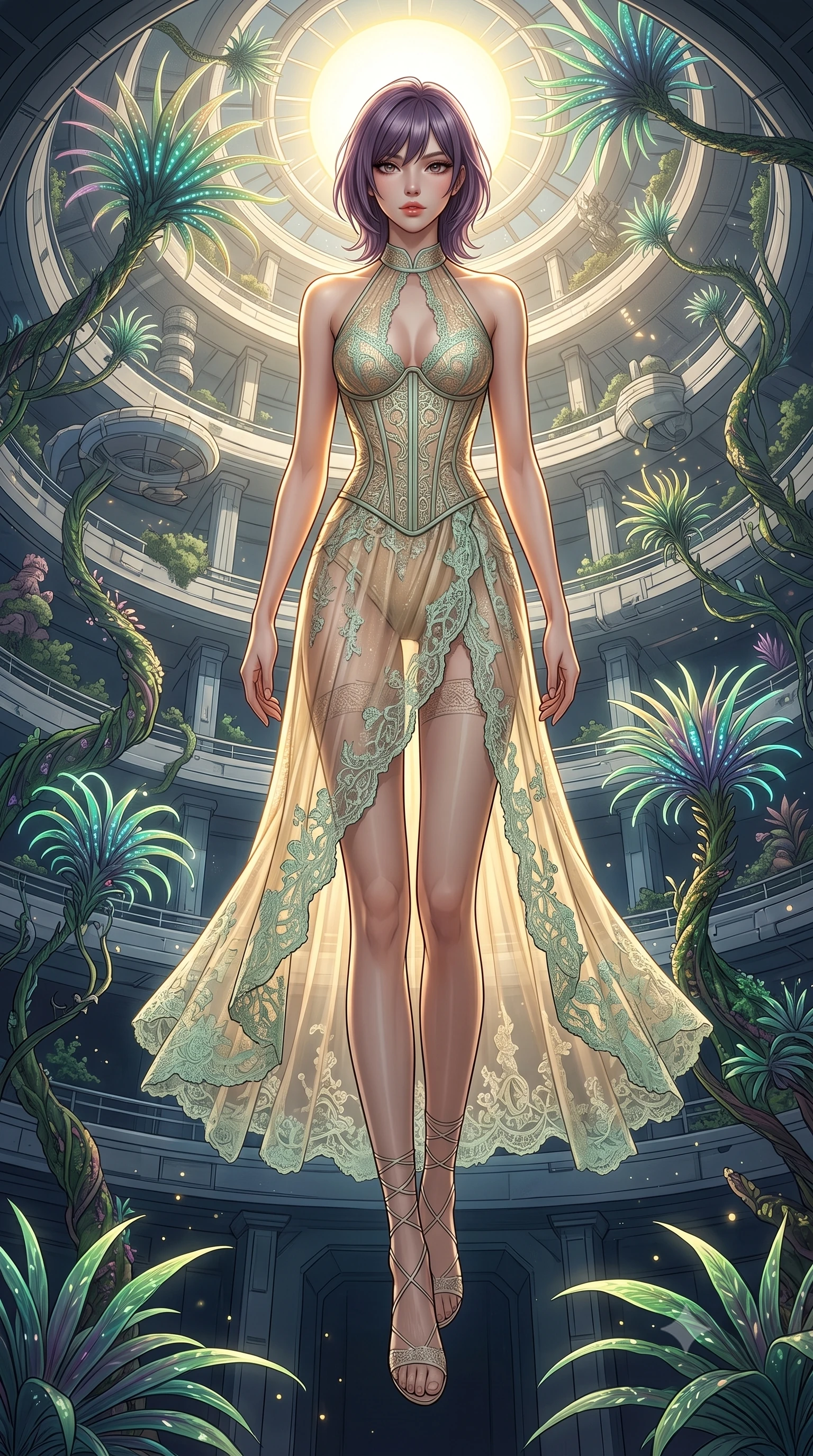 score_9, masterpiece, best quality, ultra-detailed, high-budget anime keyframe, editorial fashion photography, tasteful artistic composition, Japanese woman. low angle full-body shot from head to toe showing her feet, filling the entire 9:16 vertical frame with her statuesque presence, stretching her vertical silhouette. floating with ethereal lightness within a massive atrium inside a space station where exotic alien plants grow in spiraling zero-gravity formations their bioluminescent fronds reaching toward an artificial sun at the atrium's center. She has a statuesque 8.5-heads proportion, an exceptionally tall, slender and willowy model-like build with impossibly long legs and a highly sculpted ultra-slim waist. sharp v-shaped jawline, high-bridge nose, intricate jewel-like eyes with depth, thick eyelashes, glossy lips with a natural sheen. wearing a semi-transparent halter dress in champagne gold, featuring a mint green lace overlay and a visible structured corset. dramatic chiaroscuro with a single golden key light sculpting her silhouette. 2k, ultra detail, master piece, 9:16 ratio