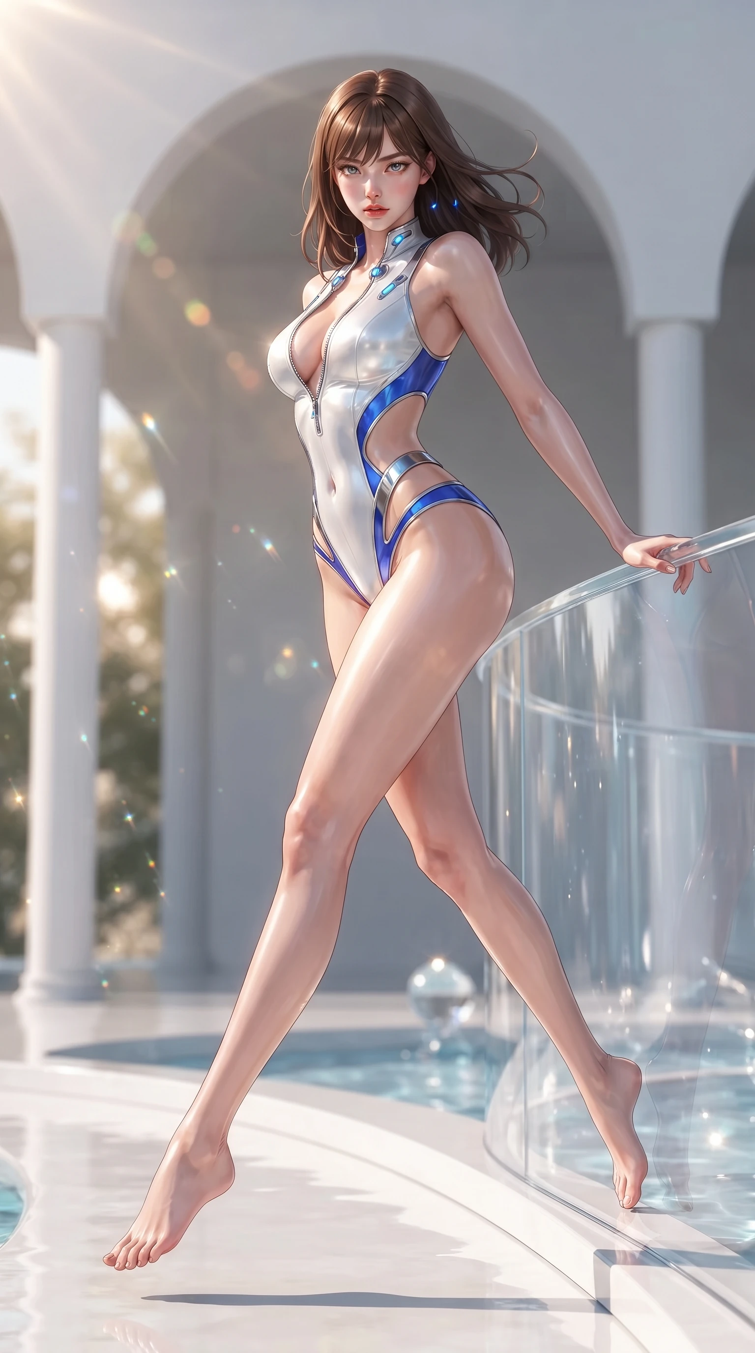score_9, masterpiece, best quality, ultra-detailed, high-budget anime keyframe, editorial fashion photography, tasteful artistic composition, Korean woman. low angle full-body shot from head to toe showing her feet, filling the entire 9:16 vertical frame with her statuesque presence, stretching her vertical silhouette. leaping through mid-air with an athletic yet alluring arch of her spine, her impossibly long slender legs stretched in flawless poise while leaning seductively against a curved crystal balustrade with sunlight reflecting off her glossy skin. The composition keeps background elements in soft focus with creamy bokeh. modern water pavilion arches and white minimalist columns softened by shallow depth of field. She has an absolutely perfect, statuesque 8.5-heads proportion, an exceptionally tall and slender model-like female figure with impossibly long slender legs, a toned flat midriff, and an ultra-slim waist. sharp v-shaped jawline, high-bridge nose, intricate jewel-like eyes with depth, thick eyelashes, glossy lips with a natural sheen, flawlessly proportioned anatomical accuracy, strict slender model proportions, natural body alignment, perfectly sculpted long slender limbs, ultra-slim waistline, clean dynamic posture without body distortion. wearing a second-skin white liquid-mercury micro-bodysuit sculpted tightly to her slender build, featuring razor-thin metallic straps and hip cutouts in liquid electric cobalt blue and polished silver, made of smooth iridescent silk chiffon that shifts colors with movement, featuring a dangerously unzipped neckline framed by glowing cybernetic accents, the form-contouring material adhering flawlessly to her sculpted flat midriff and slender torso, emphasizing her long leg lines and perfectly proportioned willowy build. bathed in warm champagne-gold sunbursts and sparkling aquatic water refractions. ultra-reflective glossy finish, specular highlights, metallic sheen, high-contrast stereoscopic depth, volumetric dynamic lighting, 2k, ultra detail, master piece, 9:16 ratio