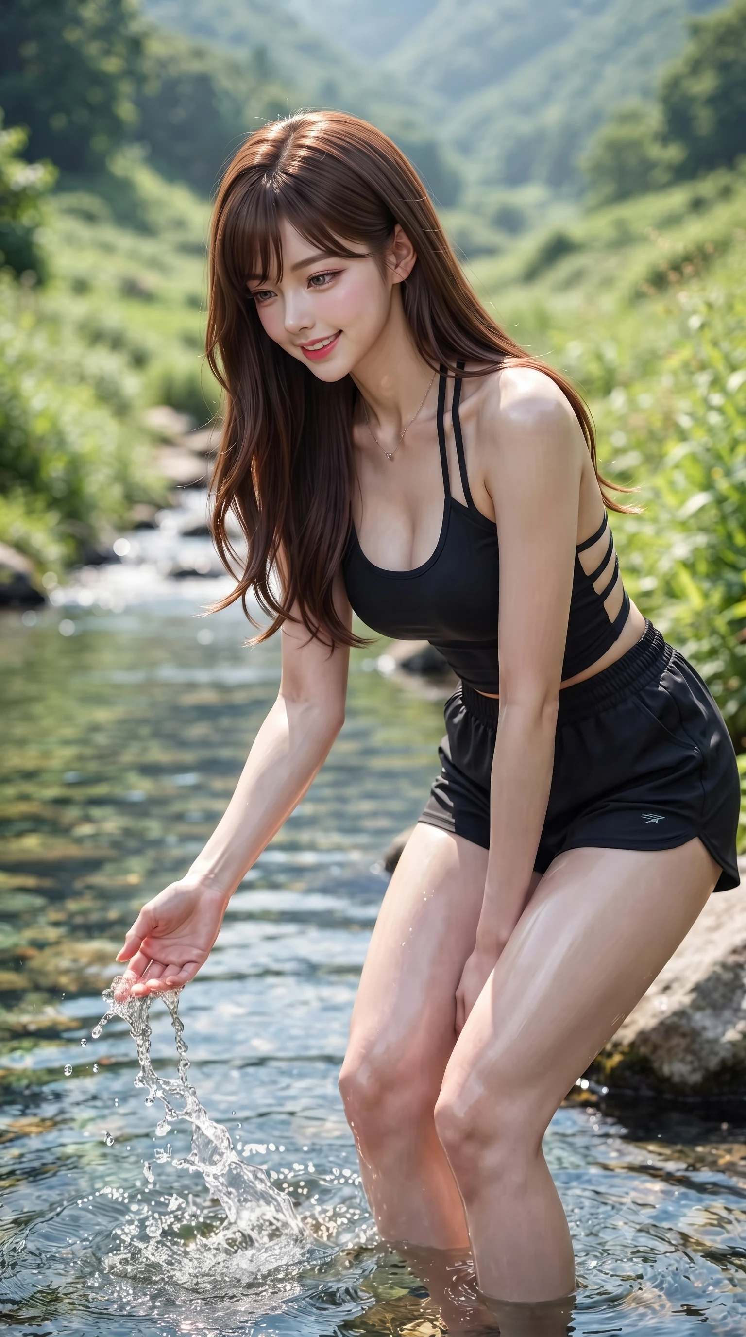 score_9, masterpiece, best quality, ultra-detailed, high-budget anime keyframe, editorial fashion photography, tasteful artistic composition, Korean woman. close-up cowboy shot from the waist and thighs up, the character dominates the composition, filling the frame with her large presence, background elements kept in soft focus. tilting her chin up with a composed yet magnetic gaze under long dark eyelashes set against a soft-focus background of next to a cool, crystal-clear stream flowing through a lush green valley dipping her fingertips into the cool water with a playful, cute splash. She has an exceptionally elegant, slender, and willowy female figure with an ultra-slim waist, a gracefully sculpted slender torso, and a refined silhouette. sharp v-shaped jawline, high-bridge nose, intricate jewel-like eyes with depth, thick eyelashes, glossy lips with a natural sheen. wearing slim-fit backless activewear halter top in black, paired with sporty shorts. soft afternoon sunlight reflecting off the wet rocks and water pool. ultra-reflective glossy finish, specular highlights, metallic sheen, high-contrast stereoscopic depth, volumetric dynamic lighting, 2k, ultra detail, master piece, 9:16 ratio