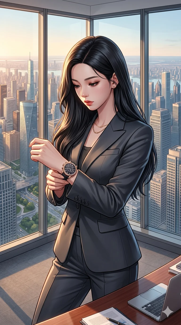 score_9, score_8_up, score_7_up, source_anime, masterpiece, best quality, ultra-detailed, same character with long flowing black hair, wearing a chic tailored designer pantsuit, upper body close-up from thigh up filling the screen, checking the time on a luxury wristwatch with a focused expression, modern high-rise corner office overlooking the city skyline, 2k, 9:16 ratio