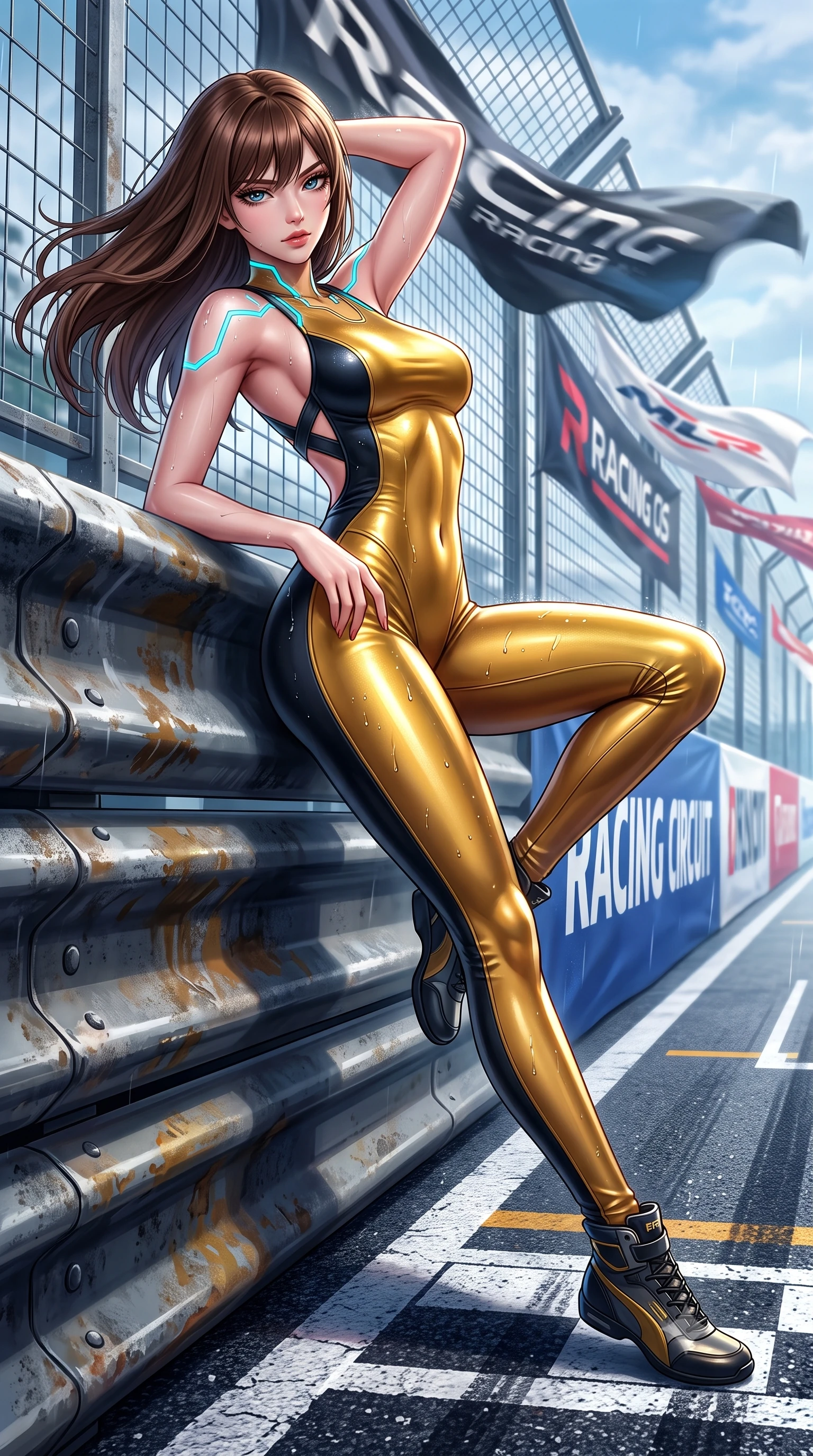score_9, masterpiece, best quality, ultra-detailed, high-budget anime keyframe, semi-realistic 3D game render, editorial fashion photography, tasteful artistic composition, Korean woman. low angle full-body shot from head to toe showing her feet, filling the entire 9:16 vertical frame with her statuesque presence, stretching her vertical silhouette. reclining back languidly with one knee bent and spine arched in a breathtaking dancer line, commanding the entire 9:16 vertical frame while leaning against a heavy track barrier, tossing her hair over one shoulder as wind whips the racing circuit banners. The surrounding environment is rendered in vivid detail and crisp panoramic clarity. crisp starting grid painted lines, rain droplet beads on leather jacket, and circuit fencing in deep focus. She has an absolutely perfect, statuesque 8.5-heads proportion, an exceptionally tall and slender model-like female figure with impossibly long slender legs, a toned flat midriff, and an ultra-slim waist. sharp v-shaped jawline, high-bridge nose, intricate jewel-like eyes with depth, thick eyelashes, glossy parted lips with a natural sheen, intensely captivating and seductive expression, flawlessly proportioned anatomical accuracy, strict slender model proportions, natural body alignment, perfectly sculpted long slender limbs, ultra-slim waistline, clean dynamic posture without body distortion. wearing a daring open-back racing jumpsuit with crossed elastic suspension straps and form-hugging fit in metallic liquid gold and obsidian black, crafted from compression knit fabric sculpting her athletic hourglass lines, finished with glowing cyan circuit lines tracing her collarbones and shoulders, the athletic second-skin cut highlighting her toned flat midriff and slender model proportions during dynamic action. surrounded by an adrenaline-fueled, audacious, and wildly charismatic drift idol aura. highly saturated vibrant anime colors, detailed shading with soft gradients, rich glossy textures, high-contrast stereoscopic depth, volumetric dynamic lighting, master piece, 9:16 ratio