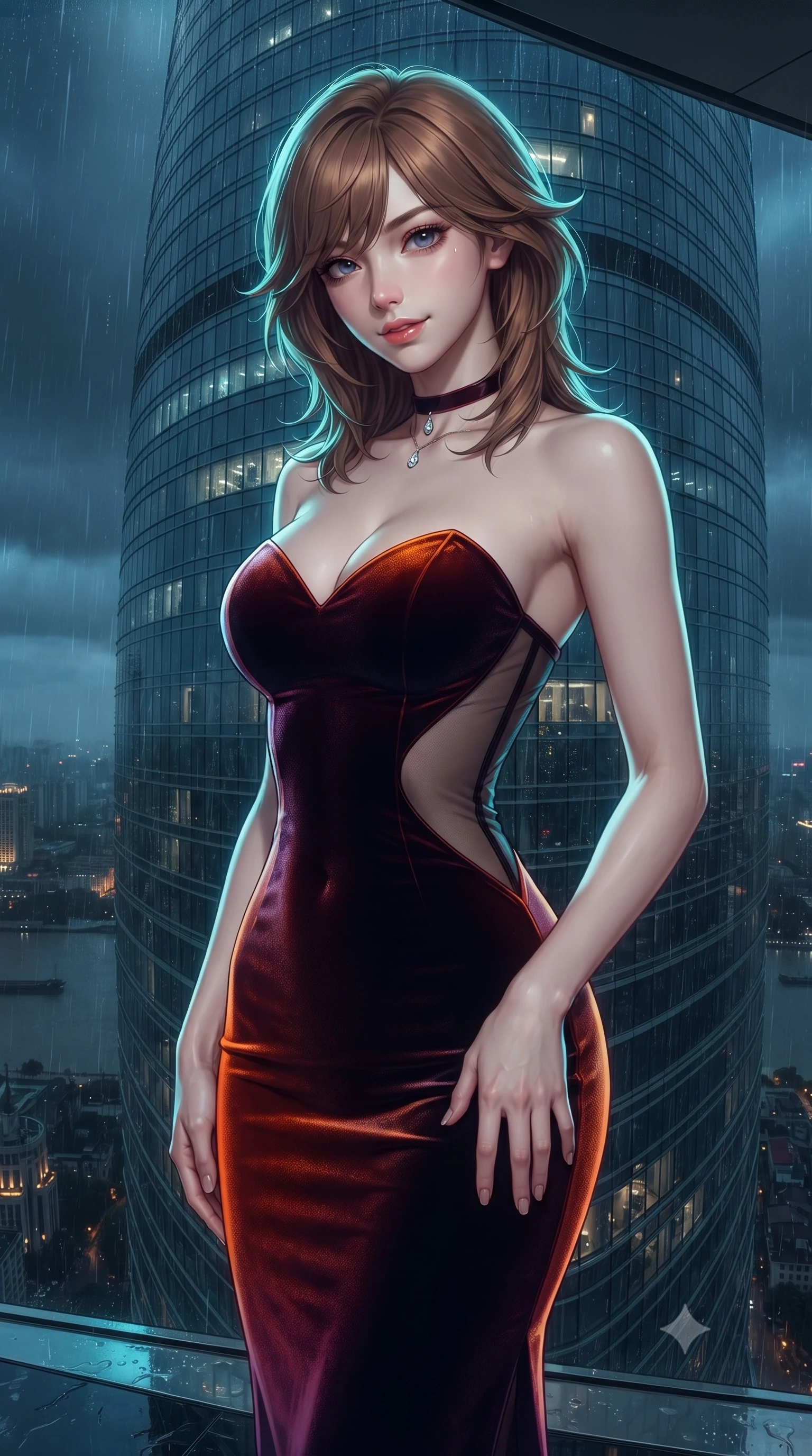 score_9, masterpiece, best quality, ultra-detailed, high-budget anime keyframe, editorial fashion photography, tasteful artistic composition, Korean woman. close-up cowboy shot from the waist and thighs up, the character dominates the composition, filling the frame with her large presence. tilting her head with a teasing half-smile, running one hand slowly down the side of her hip in a flirtatious S-curve as ambient light caresses her silhouette while standing poised against the colossal curving glass facade streaming with night rain, arching her back with sultry siren mystery high above the river. The surrounding environment is rendered in vivid detail and crisp panoramic clarity: detailed liquid-tight latex dress cling, glossy parted lips with peach sheen, and high-tech skyscraper facade joinery in high resolution. She has an exceptionally elegant, slender, and willowy female figure with an ultra-slim waist, flat toned midriff, narrow ribcage, and sculpted feminine hips creating an alluring, slim hourglass silhouette without bulk. sharp v-shaped jawline, high-bridge nose, sparkling eyes with hypnotic seductive depth, thick curled eyelashes, glossy parted lips with a natural dewy peach sheen, alluring bedroom-eyes with an enchanting coquettish smile, exuding magnetic siren charisma and sophisticated glamour, flawlessly proportioned anatomical accuracy, strict slender model proportions, natural body alignment, perfectly sculpted long slender limbs, ultra-slim waistline, clean dynamic posture without body distortion. wearing a deep sweetheart-neckline velvet bodycon dress with sheer side-torso cutouts accentuating her hourglass curves in Pudong electric vermilion and obsidian lacquer, tailored from ultra-plush velvet with rich tactile depth and deep shadow gradients, finished with a thin velvet ribbon choker and a single teardrop diamond pendant, the form-contouring silhouette accentuating her sculpted flat midriff, narrow delicate ribcage, and gracefully curvy hips with intoxicating allure. illuminated by lacquer sill reflection bounce and sharp electric-cyan rim lights defining her razor-sharp jawline, narrow waist, and curvy hips. ultra-reflective glossy finish, specular highlights, rich textural contrasts, high-contrast stereoscopic depth, volumetric dynamic lighting, 2k, ultra detail, master piece, 9:16 ratio