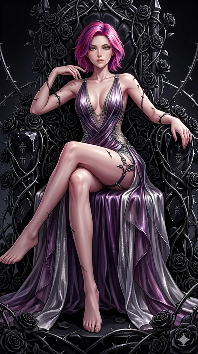 score_9, masterpiece, best quality, ultra-detailed, High-budget Anime Keyframe, East Asian woman. Dynamic full-body shot stretching the vertical silhouette to the limit. Scenario 40: Resting on a throne of black roses, thorns grazing her skin. Her pr