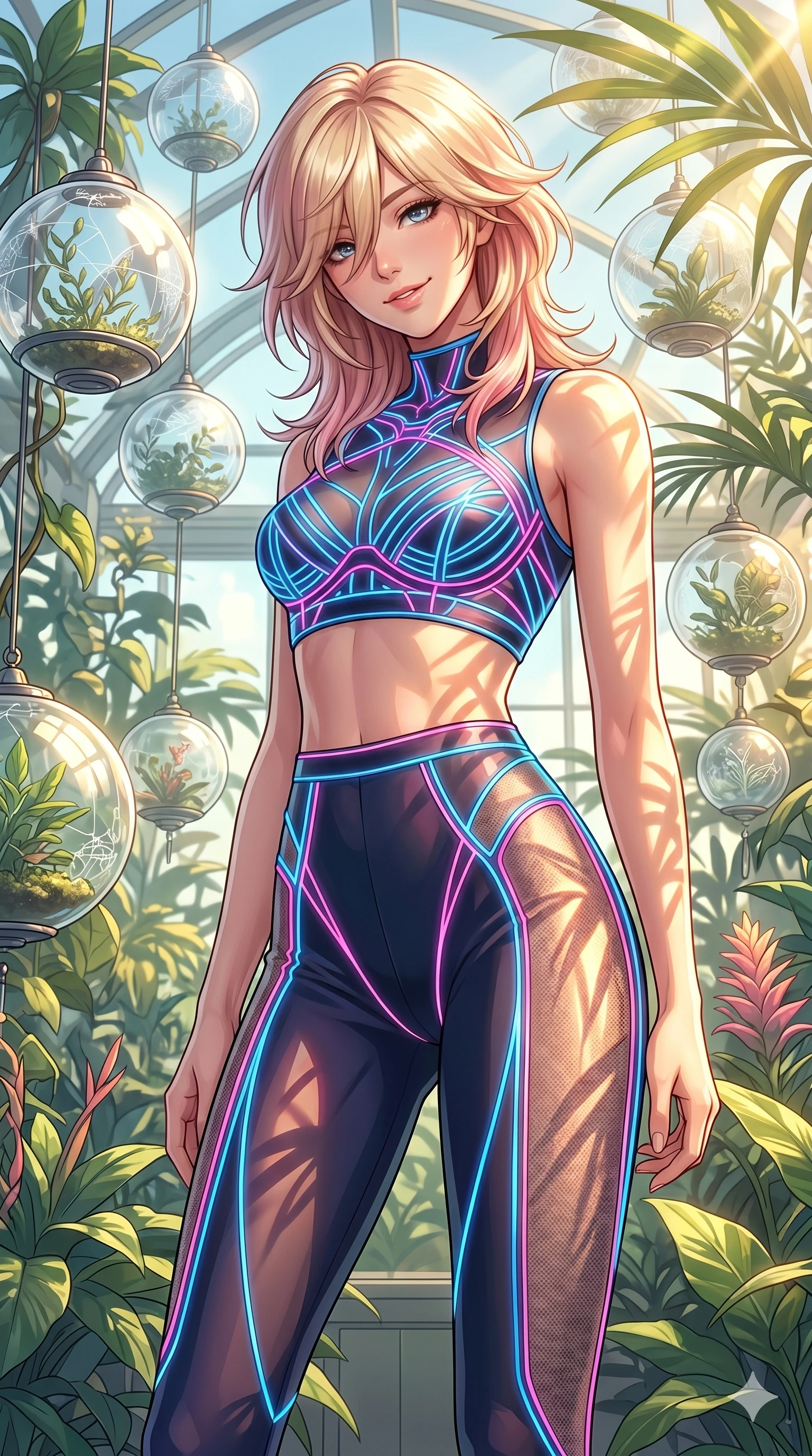 score_9, masterpiece, best quality, ultra-detailed, high-budget anime keyframe, editorial fashion photography, tasteful artistic composition, Japanese woman. cowboy shot from the thighs up, character and outfit filling the frame for maximum editorial presence. tilting her head with a playful, teasing smile, letting a lock of hair fall over her eyes inside a retro-futuristic greenhouse with levitating glass spheres (Code-P16-136). She has an absolutely perfect 8-heads proportion, an exceptionally tall and slender female figure with impossibly long slender legs and an ultra-slim waist. V-shaped jawline, high-bridge nose, intricate jewel-like eyes with depth, thick eyelashes, glossy lips with a natural sheen. wearing a neon filament crop top and matching high-waisted tights with sheer mesh side panels. drenched in brilliant morning sunshine, casting long warm highlights and leaf patterns. 2k, ultra detail, master piece, 9:16 ratio