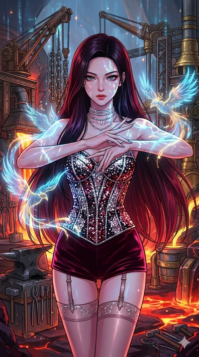score_9, masterpiece, best quality, ultra-detailed, high-budget anime movie keyframe, cinematic anime lighting, intricate line art, Korean woman. Medium shot of upper body capturing the intricate details of her high-fashion attire. summoning mystical