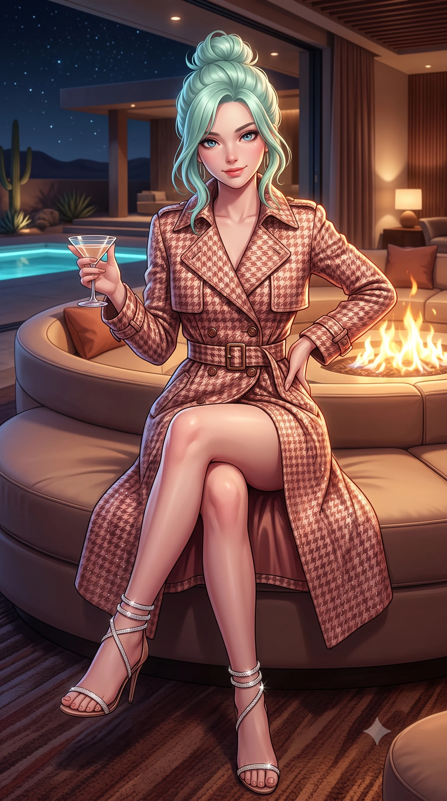 score_9, masterpiece, best quality, ultra-detailed, high-budget anime keyframe, semi-realistic 3D game render, editorial fashion photography, tasteful artistic composition, Japanese woman. close-up cowboy shot from the waist and thighs up, the character dominates the composition, filling the frame with her large presence. tilting her head with a teasing half-smile, running one hand slowly down the side of her hip in a flirtatious S-curve as ambient light caresses her silhouette while sitting gracefully on the circular sofa with legs crossed, holding a cocktail glass with magnetic Hollywood glamour. The surrounding environment is rendered in vivid detail and crisp panoramic clarity: detailed garment weave, fitted contours, and landscape architectural craft in high resolution. She has an exceptionally elegant, slender, and willowy female figure with an ultra-slim waist, flat toned midriff, narrow ribcage, and sculpted feminine hips creating an alluring, slim hourglass silhouette without bulk. sharp v-shaped jawline, high-bridge nose, intricate jewel-like sparkling eyes with depth, thick eyelashes, glossy parted lips with a natural peach sheen, bright cheerful beaming smile with an enchanting and coquettish sensual glint, exuding both youthful cute charm and seductive allure, flawlessly proportioned anatomical accuracy, strict slender model proportions, natural body alignment, perfectly sculpted long slender limbs, ultra-slim waistline, clean dynamic posture without body distortion. wearing a structured Viennese secessionist houndstooth trench coat with belted waist and storm flaps in Grasse centifolia rose petal blush and burnished copper, woven from structured British tweed with subtle metallic flecks, complemented by strappy stiletto sandals with crystal ankle wraps accentuating her slender calves, the bespoke structured tailoring following the natural line of her 8.5-heads silhouette with refined elegance. bathed in the warm radiant 2100K hearth glow of dancing gas flames contrasted with cool desert starlight and pool LEDs. highly saturated vibrant anime colors, detailed shading with soft gradients, rich glossy textures, high-contrast stereoscopic depth, volumetric dynamic lighting, master piece, 9:16 ratio