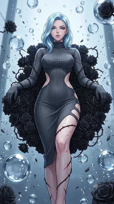 score_9, masterpiece, best quality, ultra-detailed, High-budget Anime Keyframe, East Asian woman. Low angle cowboy shot filling the entire 9:16 frame with her statuesque presence. Scenario 328: resting on a throne of black roses, thorns grazing her s