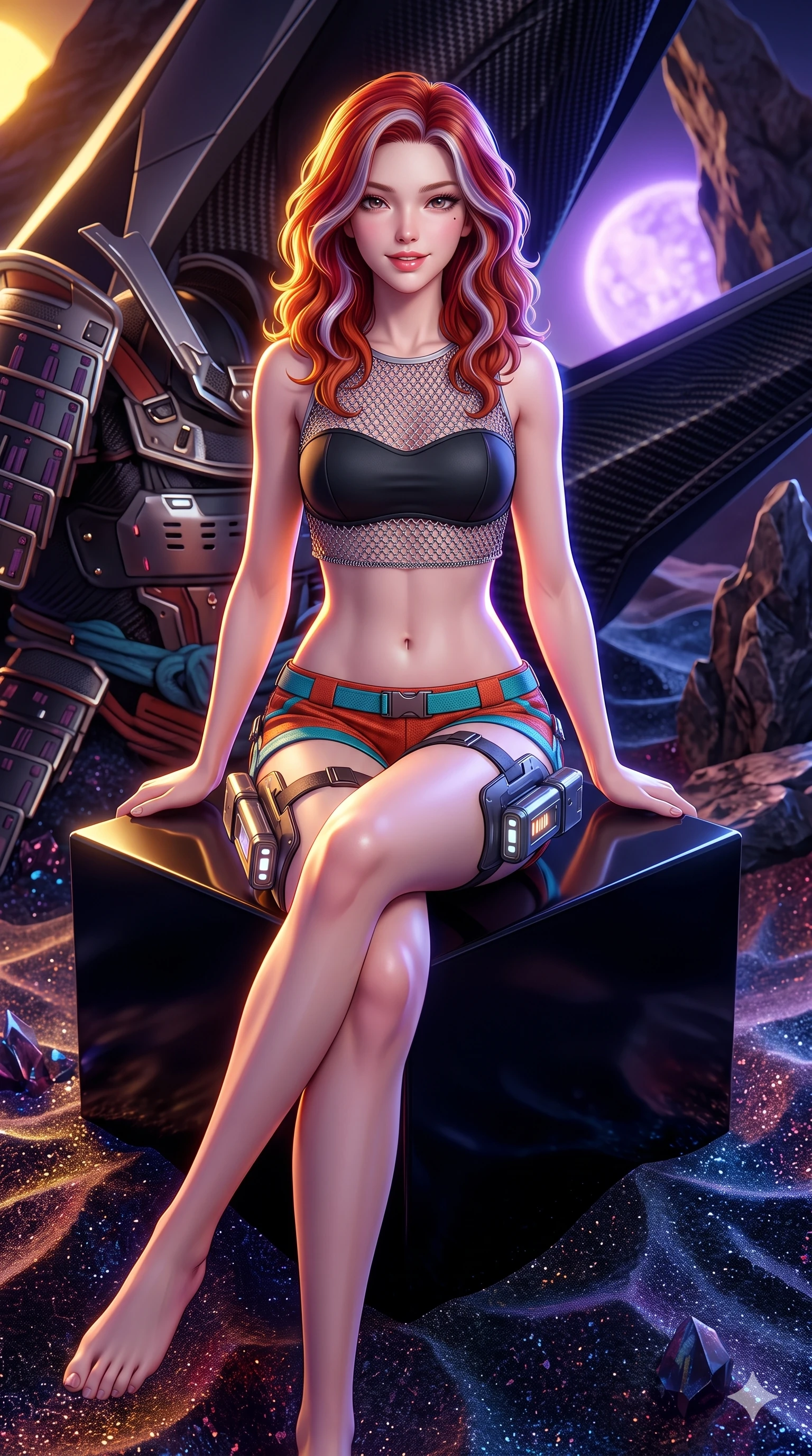 score_9, masterpiece, best quality, ultra-detailed, high-budget anime keyframe, semi-realistic 3D game render, editorial fashion photography, tasteful artistic composition, Caucasian woman. close-up cowboy shot from the waist and thighs up, the character dominates the composition, filling the frame with her large presence. twisting her slender torso in an alluring S-curve, dynamic rim light painting her narrow waist and curvy hips in fire while lounging poised on a polished obsidian pedestal with legs crossed, flashing an enchanting smile with parted glossy lips as crystalline sand ripples around her. The surrounding environment is rendered in vivid detail and crisp panoramic clarity: intricate cyber-samurai armor plating, sleek carbon weave, and alien geological formations in razor-sharp precision. She has an exceptionally elegant, slender, and willowy female figure with an ultra-slim waist, flat toned midriff, narrow ribcage, and sculpted feminine hips creating an alluring, slim hourglass silhouette without bulk. sharp v-shaped jawline, high-bridge nose, intricate jewel-like sparkling eyes with depth, thick eyelashes, glossy parted lips with a natural sheen, bright confident smile with an enchanting and coquettish sensual glint, exuding both youthful magnetic charm and sovereign high-tech allure, flawlessly proportioned anatomical accuracy, strict slender model proportions, natural body alignment, perfectly sculpted long slender limbs, ultra-slim waistline, clean dynamic posture without body distortion. wearing a delicate silver chainmail mesh crop top layered over a sculpted matte black bandeau with low-rise combat shorts in cyber-shinto vermilion and laser turquoise, woven from high-density tech-wool with subtle metallic thread weave, complemented by sleek cybernetic thigh holsters with illuminated power cells, the impeccably tailored cut draping gracefully along her slender figure with aristocratic poise. bathed in the dramatic dual illumination of a golden-yellow sun and a violet-dwarf companion star creating double rim lights. highly saturated vibrant anime colors, detailed shading with soft gradients, rich glossy textures, high-contrast stereoscopic depth, volumetric dynamic lighting, master piece, 9:16 ratio