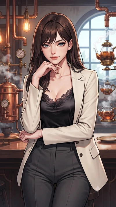 score_9, masterpiece, best quality, ultra-detailed, high-budget anime keyframe, gorgeous anime illustration, with clean line-art and distinct ink outlines, Korean woman. close-up cowboy shot from the waist and thighs up, the character dominates the c