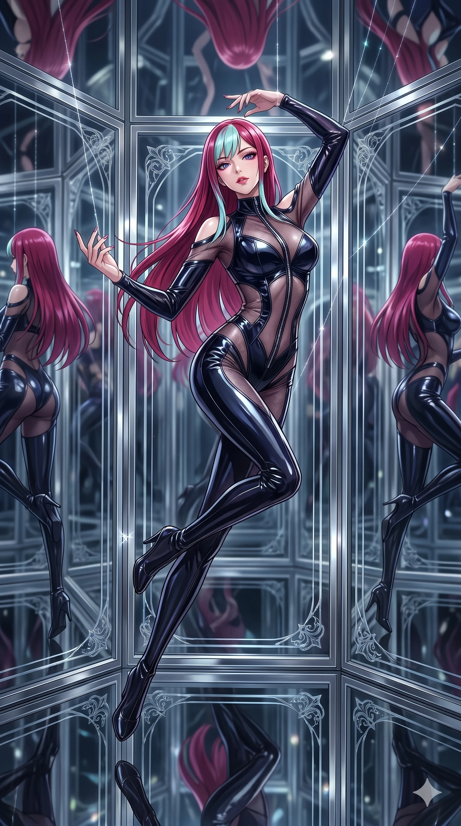 score_9, masterpiece, best quality, ultra-detailed, High-budget Anime Keyframe, East Asian woman. Dynamic full-body shot stretching the vertical silhouette to the limit. Scenario 166: Suspended by invisible silk threads in a hall of mirrors. Her presence is magnetic and overpowering in this high-budget anime scene. Outfit 166: A patent leather mesh with a unzipped detail and translucent layers. The clothing is designed to emphasize her exceptionally tall and slender 8-heads proportion. 8-heads proportion, towering silhouette, ultra-slim waist. sharp v-shaped jawline, intricate jewel-like eyes with depth, thick eyelashes, glossy lips. 2k, ultra detail, master piece, 9:16 ratio