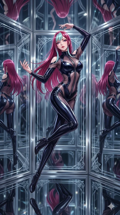 score_9, masterpiece, best quality, ultra-detailed, High-budget Anime Keyframe, East Asian woman. Dynamic full-body shot stretching the vertical silhouette to the limit. Scenario 166: Suspended by invisible silk threads in a hall of mirrors. Her pres