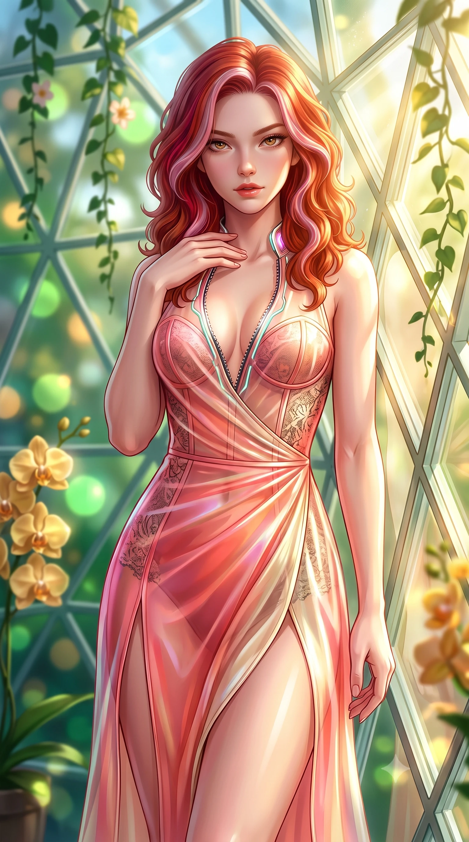 score_9, masterpiece, best quality, ultra-detailed, high-budget anime keyframe, semi-realistic 3D game render, editorial fashion photography, tasteful artistic composition, Caucasian woman. close-up cowboy shot from the waist and thighs up, the character dominates the composition, filling the frame with her large presence. leaning forward with a dangerous, enticing smolder, resting one hand near her collarbone while casting a fiery, magnetic direct gaze while leaning against a sun-drenched geometric glass dome wall framed by trailing emerald vines and rare blossoms. The composition keeps background elements in soft focus with creamy bokeh. golden orchid clusters and geometric glass dome panes blurred into luminous emerald and amber bokeh. She has an exceptionally elegant, slender, and willowy female figure with an ultra-slim waist, a gracefully sculpted slender torso, toned flat midriff, and a refined slim silhouette. sharp v-shaped jawline, high-bridge nose, intricate jewel-like eyes with depth, thick eyelashes, glossy lips with a natural sheen, flawlessly proportioned anatomical accuracy, strict slender model proportions, natural body alignment, perfectly sculpted long slender limbs, ultra-slim waistline, clean dynamic posture without body distortion. wearing a translucent iridescent organza wrap dress with structured bustier boning, plunging neckline, and high-cut dual leg slits in radiant coral pink and champagne ivory, crafted from delicate dark lace interwoven with luminescent micro-fibers, featuring a dangerously unzipped neckline framed by glowing cybernetic accents, the form-contouring material adhering flawlessly to her sculpted flat midriff and slender torso, emphasizing her long leg lines and perfectly proportioned willowy build. bathed in intense volumetric golden sunbeams streaming through crystalline glass dome panes. highly saturated vibrant anime colors, detailed shading with soft gradients, rich glossy textures, high-contrast stereoscopic depth, volumetric dynamic lighting, master piece, 9:16 ratio