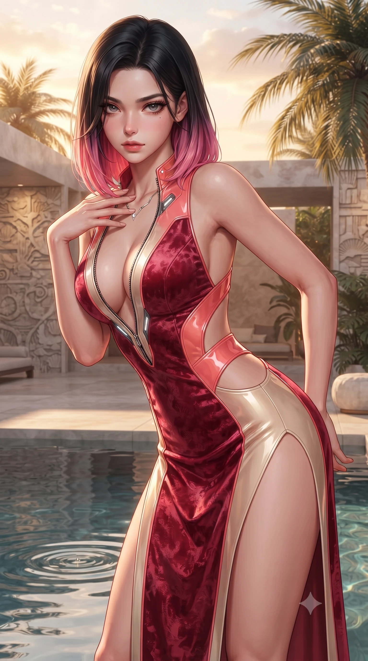 score_9, masterpiece, best quality, ultra-detailed, high-budget anime keyframe, editorial fashion photography, tasteful artistic composition, Korean woman. close-up cowboy shot from the waist and thighs up, the character dominates the composition, filling the frame with her large presence. leaning forward with a dangerous, enticing smolder, resting one hand near her collarbone while casting a fiery, magnetic direct gaze while stretching her slender torso in an alluring back-arch as desert breezes swirl warm golden light around her. The surrounding environment is rendered in vivid detail and crisp panoramic clarity. intricate modern limestone villa textures, swaying date palm fronds, and calm pool reflections in deep focus. She has an exceptionally elegant, slender, and willowy female figure with an ultra-slim waist, a gracefully sculpted slender torso, toned flat midriff, and a refined slim silhouette. sharp v-shaped jawline, high-bridge nose, intricate jewel-like eyes with depth, thick eyelashes, glossy lips with a natural sheen, flawlessly proportioned anatomical accuracy, strict slender model proportions, natural body alignment, perfectly sculpted long slender limbs, ultra-slim waistline, clean dynamic posture without body distortion. wearing a backless crimson crushed velvet gown with a deep plunging V-neckline, strategic hip cutouts, and an ultra-high thigh slit in radiant coral pink and champagne ivory, formed from high-gloss patent material with specular light reflections, featuring a dangerously unzipped neckline framed by glowing cybernetic accents, the glove-like aerodynamic second-skin fit tightly clinging to her ultra-slender waist and athletic curves without adding bulk, accentuating her razor-sharp statuesque lines and slim hourglass silhouette. illuminated by crisp golden rim highlights sharply defining her ultra-slim waist and long legs. ultra-reflective glossy finish, specular highlights, metallic sheen, high-contrast stereoscopic depth, volumetric dynamic lighting, 2k, ultra detail, master piece, 9:16 ratio