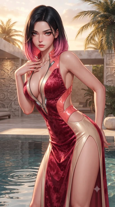 score_9, masterpiece, best quality, ultra-detailed, high-budget anime keyframe, editorial fashion photography, tasteful artistic composition, Korean woman. close-up cowboy shot from the waist and thighs up, the character dominates the composition, fi