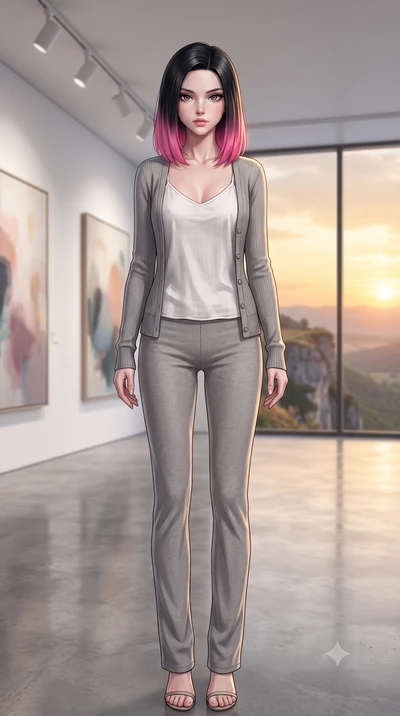 score_9, masterpiece, best quality, ultra-detailed, high-budget anime keyframe, editorial fashion photography, tasteful artistic composition, Korean woman woman. low angle full-body shot from head to toe showing her feet, filling the entire 9:16 vert