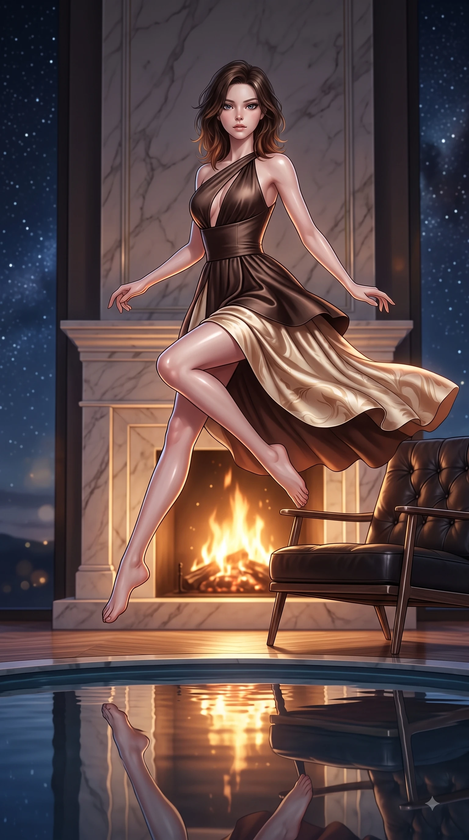 score_9, masterpiece, best quality, ultra-detailed, high-budget anime keyframe, editorial fashion photography, tasteful artistic composition, Korean woman. low angle full-body shot from head to toe showing her feet, filling the entire 9:16 vertical frame with her statuesque presence, stretching her vertical silhouette. leaping gracefully through mid-air with statuesque elegance, her impossibly long slender legs stretched in perfect balance while resting on a leather lounge chair by a marble fireplace as soft golden hearth embers highlight her slender torso, still pool water reflecting her statuesque figure and the dramatic night sky flawlessly. She has an absolutely perfect, statuesque 8.5-heads proportion, an exceptionally tall and slender model-like female figure with impossibly long slender legs and an ultra-slim waist. sharp v-shaped jawline, high-bridge nose, intricate jewel-like eyes with depth, thick eyelashes, glossy lips with a natural sheen, flawlessly proportioned anatomical accuracy, natural body alignment, perfectly sculpted elegant limbs, clean dynamic posture without body distortion. wearing a modern fusion silk hanbok dress with a structured bodice and flowing skirt in espresso brown and warm cream, crafted from smooth liquid silk, accented with a Tasteful chest slit framing her clavicle gracefully, the elegant draped fit framing her graceful clavicle and slender torso. surrounded by a cozy, intimate glow with smooth high-contrast stereoscopic depth. ultra-reflective glossy finish, specular highlights, metallic sheen, high-contrast stereoscopic depth, volumetric dynamic lighting, 2k, ultra detail, master piece, 9:16 ratio