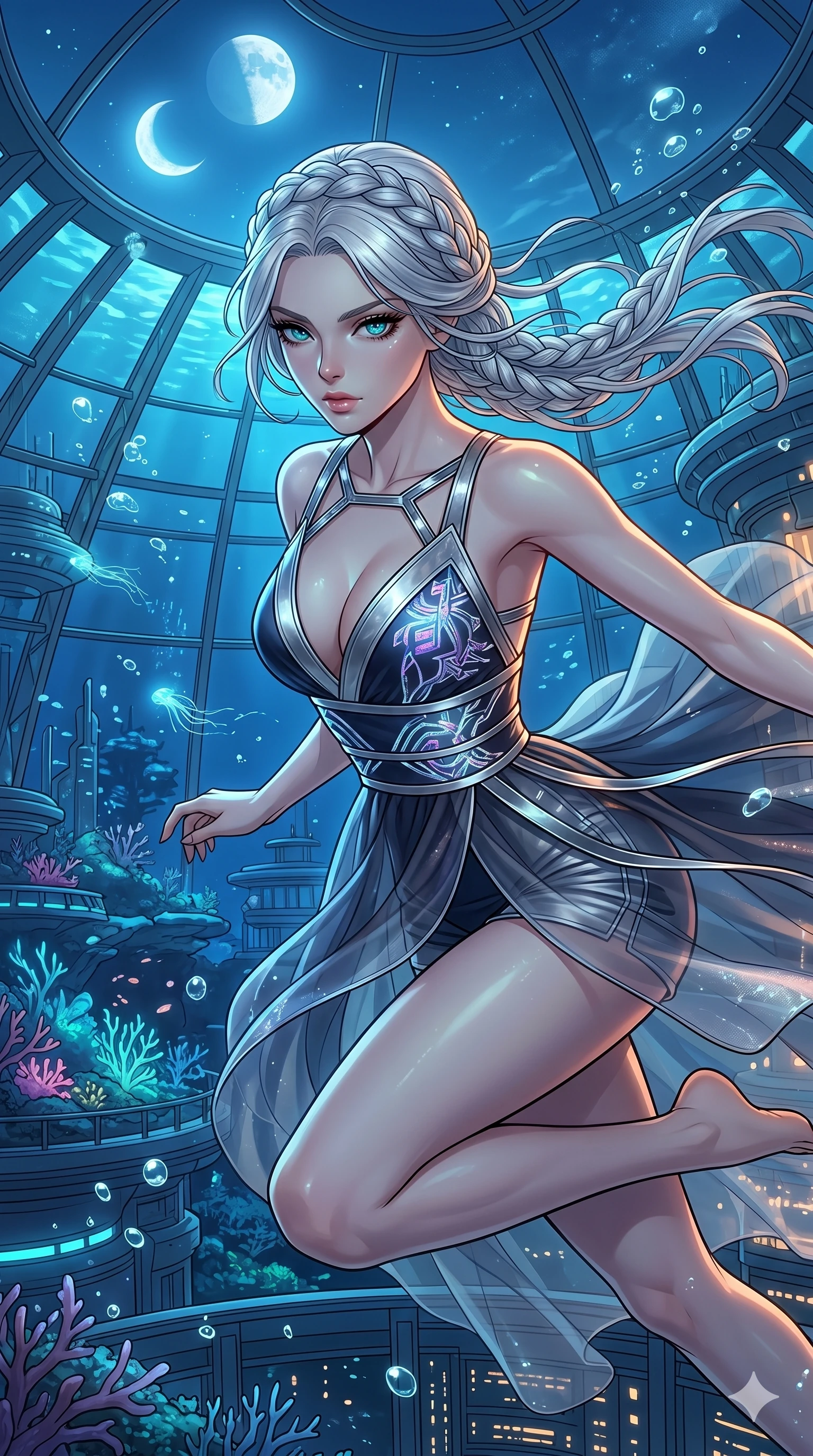 score_9, masterpiece, best quality, ultra-detailed, high-budget anime movie keyframe, cinematic anime lighting, intricate line art, Japanese woman. Upper body filling screen focusing on her alluring features and slim-fit silhouette. leaping gracefully in a underwater city dome under a twin-moon sky. She has an absolutely perfect 8-heads proportion, an exceptionally tall and slender female figure with an ultra-slim waist and impossibly long slender legs. sharp v-shaped jawline, high-bridge nose, intricate jewel-like eyes, thick eyelashes, glossy lips. Wearing modernized deep-plunging silk hanbok-fusion with metallic straps, a flowing sheer skirt over stylish shorts, and holographic embroidered patterns. The scene is illuminated by dramatic atmospheric lighting and vibrant color palettes. , 2k, ultra detail, master piece, 9:16 ratio