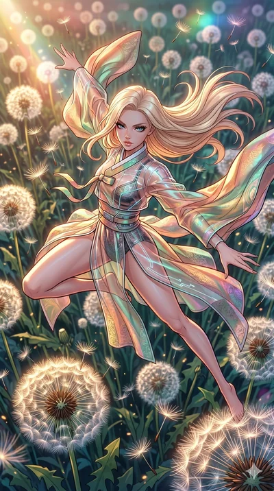 score_9, masterpiece, best quality, ultra-detailed, high-budget anime movie keyframe, cinematic anime lighting, intricate line art, Japanese woman. Extreme high angle shot as she leaps towards the camera, filling the frame. twisting through a field o