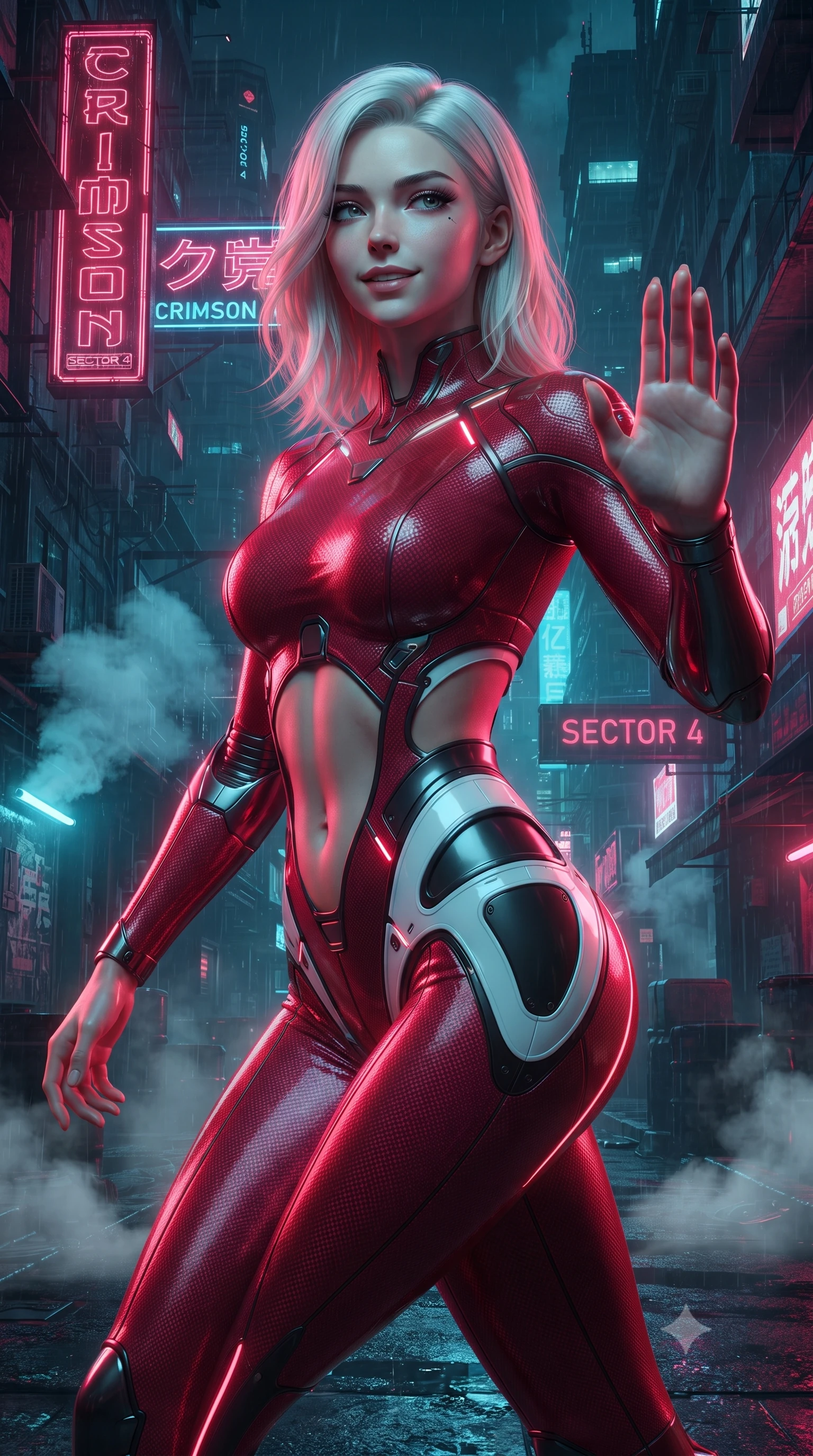 score_9, masterpiece, best quality, ultra-detailed, high-budget anime keyframe, editorial fashion photography, tasteful artistic composition, Caucasian woman. close-up cowboy shot from the waist and thighs up, the character dominates the composition, filling the frame with her large presence. resting one hand in a defensive deflective posture while glancing over her shoulder with thick eyelashes and a confident, smoldering combat half-smile while stepping forward through drifting sewer steam with a slow, predatory combat advance that commands total respect. The surrounding environment is rendered in vivid detail and crisp panoramic clarity. high-contrast noir chiaroscuro and atmospheric cyberpunk urban textures captured with precision. She has an exceptionally elegant, slender, and willowy female figure with an ultra-slim waist, a gracefully sculpted slender torso, toned flat midriff, and a refined slim silhouette. sharp v-shaped jawline, high-bridge nose, intricate jewel-like eyes with depth, thick eyelashes, glossy lips with a natural sheen, flawlessly proportioned anatomical accuracy, strict slender model proportions, natural body alignment, perfectly sculpted long slender limbs, ultra-slim waistline, clean dynamic posture without body distortion. wearing a skin-tight crimson carbon-weave battle-suit with metallic dark chrome elbow dampers and hip-accentuating cutouts in monochrome white enamel carbon with high-contrast black panels, tailored from flexible second-skin carbon-mesh that clings flawlessly to her athletic curves, accented with glowing fiber-optic conduits tracing her collarbones and hip curves, the precision-cut daring openings accentuating her delicate midriff, graceful bare collarbones, and ultra-slim feminine waistline. bathed in vivid high-contrast neon crimson and deep cyan ambient rim lighting. ultra-reflective glossy finish, specular highlights, dark metallic sheen, high-contrast stereoscopic depth, volumetric dynamic lighting, 2k, ultra detail, master piece, 9:16 ratio