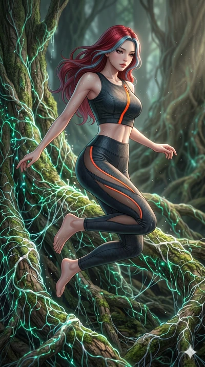 score_9, masterpiece, best quality, ultra-detailed, high-budget anime keyframe, Korean woman. upper body close-up from the thighs up, character filling the screen for maximum presence. jumping amidst giant ancient tree roots wrapped in trillions of g