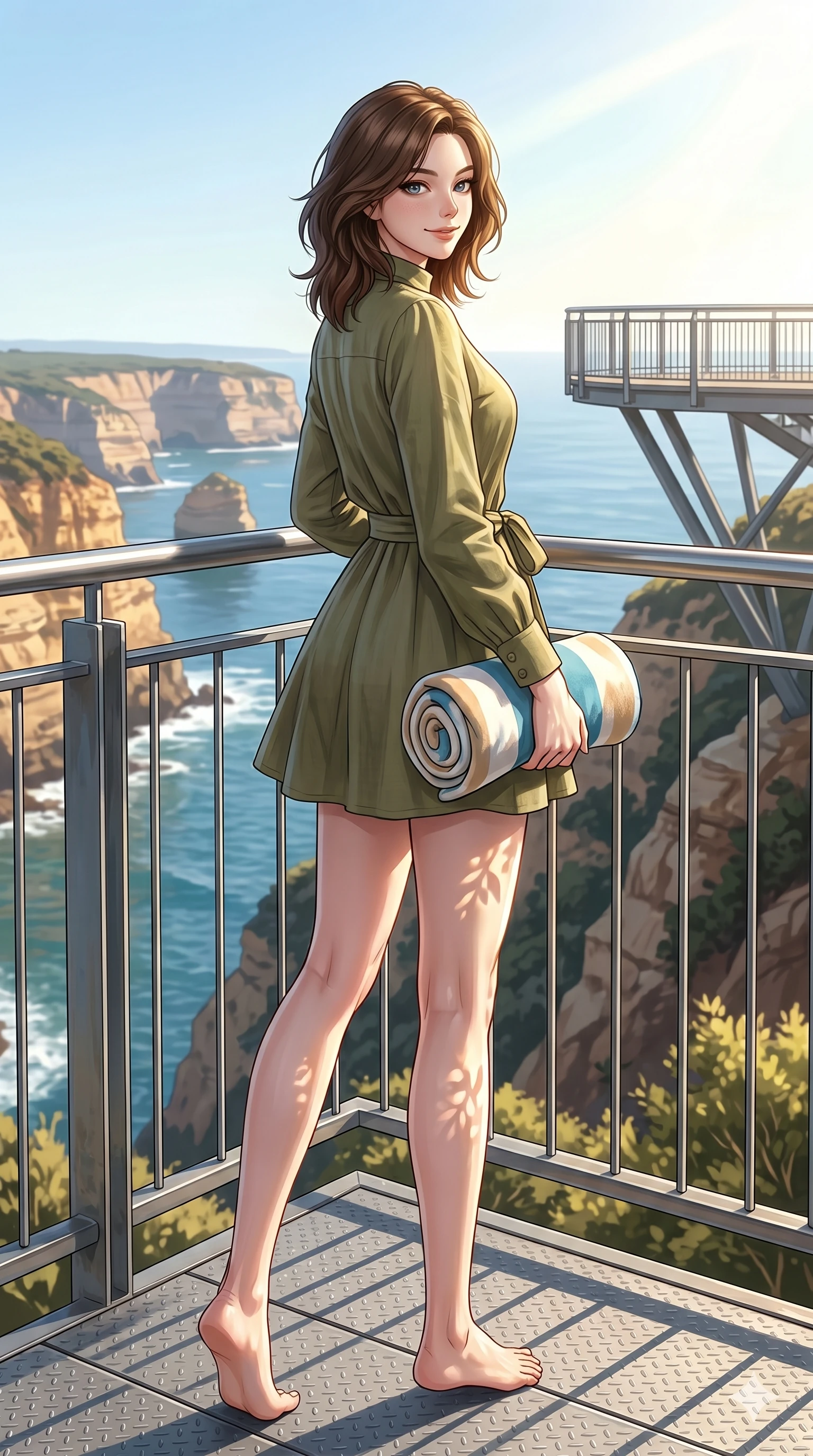 score_9, masterpiece, best quality, ultra-detailed, high-budget anime keyframe, editorial fashion photography, tasteful artistic composition, Korean woman. low angle full-body shot from head to toe showing her feet, filling the entire 9:16 vertical frame with her statuesque presence, stretching her vertical silhouette. holding a beach towel, looking over her shoulder with a magnetic, teasing smile on a steel observation deck overlooking a sunlit coastal canyon (Code-P19-044). She has an absolutely perfect 8-heads proportion, an exceptionally tall and slender female figure with impossibly long slender legs and an ultra-slim waist. V-shaped jawline, high-bridge nose, intricate jewel-like eyes with depth, thick eyelashes, glossy lips with a natural sheen. wearing a high-neck linen dress with long sleeves and a matching tie belt in soft olive. drenched in brilliant morning sunshine, casting long warm highlights and leaf patterns on her skin. 2k, ultra detail, master piece, 9:16 ratio