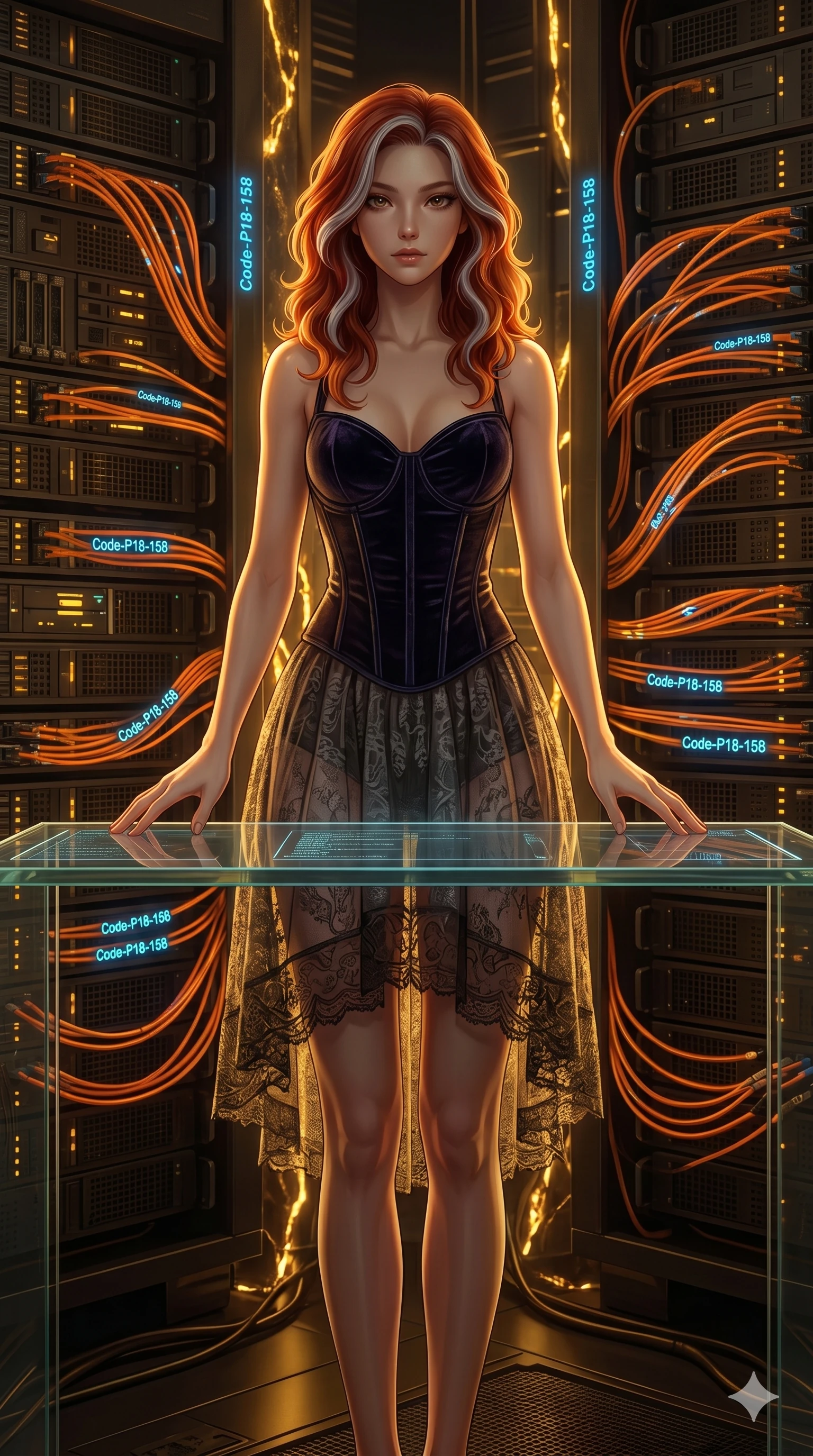 score_9, masterpiece, best quality, ultra-detailed, high-budget anime keyframe, editorial fashion photography, tasteful artistic composition, Caucasian woman, strictly human ears. cowboy shot from the thighs up, character and outfit filling the frame for maximum editorial presence. resting her hands on the glass, looking with quiet self-assurance in a cyberpunk data hub filled with rows of pulsing orange fiber cables (Code-P18-158). She has an absolutely perfect 8-heads proportion, an exceptionally tall and slender female figure with impossibly long slender legs and an ultra-slim waist. V-shaped jawline, high-bridge nose, intricate jewel-like eyes with depth, thick eyelashes, glossy lips with a natural sheen. wearing a dark velvet corset combined with a sheer lace skirt. golden light emanating from the mineral veins, creating a dramatic chiaroscuro effect. 2k, ultra detail, master piece, 9:16 ratio