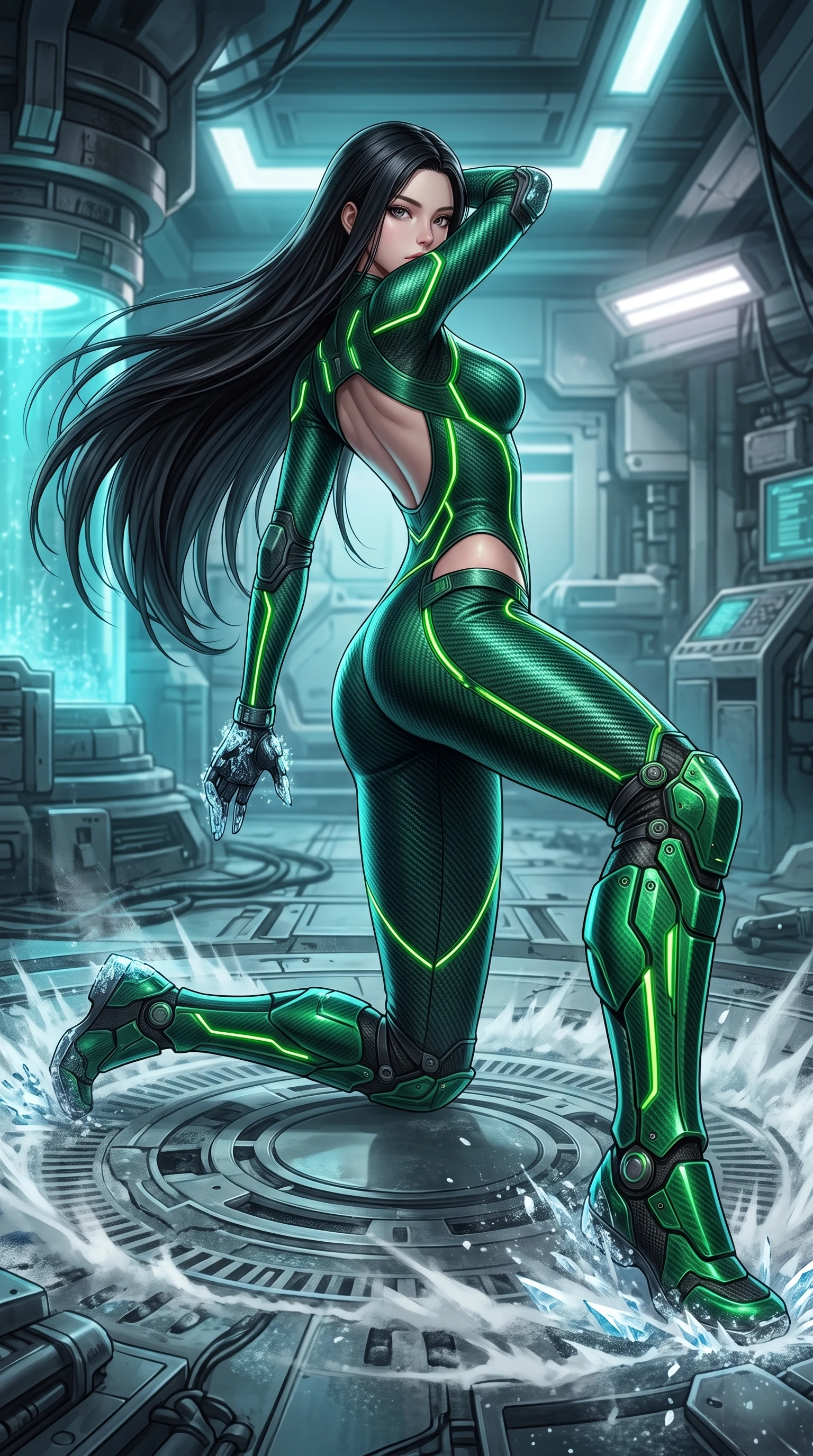 score_9, masterpiece, best quality, ultra-detailed, high-budget anime keyframe, semi-realistic 3D game render, editorial fashion photography, tasteful artistic composition, Korean woman. low angle full-body shot from head to toe showing her feet, filling the entire 9:16 vertical frame with her statuesque presence, stretching her vertical silhouette. landing gracefully from a high-altitude leap on one knee and palm, her statuesque silhouette framed by radial shockwave ripples in the ground while arching her spine in a fluid martial stretch as sub-zero energy crystals form along her carbon knuckle guards. The surrounding environment is rendered in vivid detail and crisp panoramic clarity. high-contrast arctic chiaroscuro and sleek high-tech laboratory ruin captured with precision. She has an absolutely perfect, statuesque 8.5-heads proportion, an exceptionally tall and slender model-like female figure with impossibly long slender legs, a toned flat midriff, and an ultra-slim waist. sharp v-shaped jawline, high-bridge nose, intricate jewel-like eyes with depth, thick eyelashes, glossy lips with a natural sheen, flawlessly proportioned anatomical accuracy, strict slender model proportions, natural body alignment, perfectly sculpted long slender limbs, ultra-slim waistline, clean dynamic posture without body distortion. wearing a tailored emerald-green carbon-fiber tactical jumpsuit with glowing lime LED channels, open cowl back, and reinforced combat shin-guards in emerald green carbon composite with glowing lime laser channels, tailored from flexible second-skin carbon-mesh that clings flawlessly to her athletic curves, detailed with magnetic knuckle shock-absorbers and polished chrome articulation joints, the form-contouring material adhering flawlessly to her sculpted flat midriff and slender torso, emphasizing her long leg lines and perfectly proportioned willowy build. bathed in glowing cyan cryogenic stasis radiance and cool white emergency strobe lighting. rich saturated anime colors with glowing neon highlights, detailed shading with soft gradients, rich glossy textures, high-contrast stereoscopic depth, volumetric dynamic lighting, master piece, 9:16 ratio