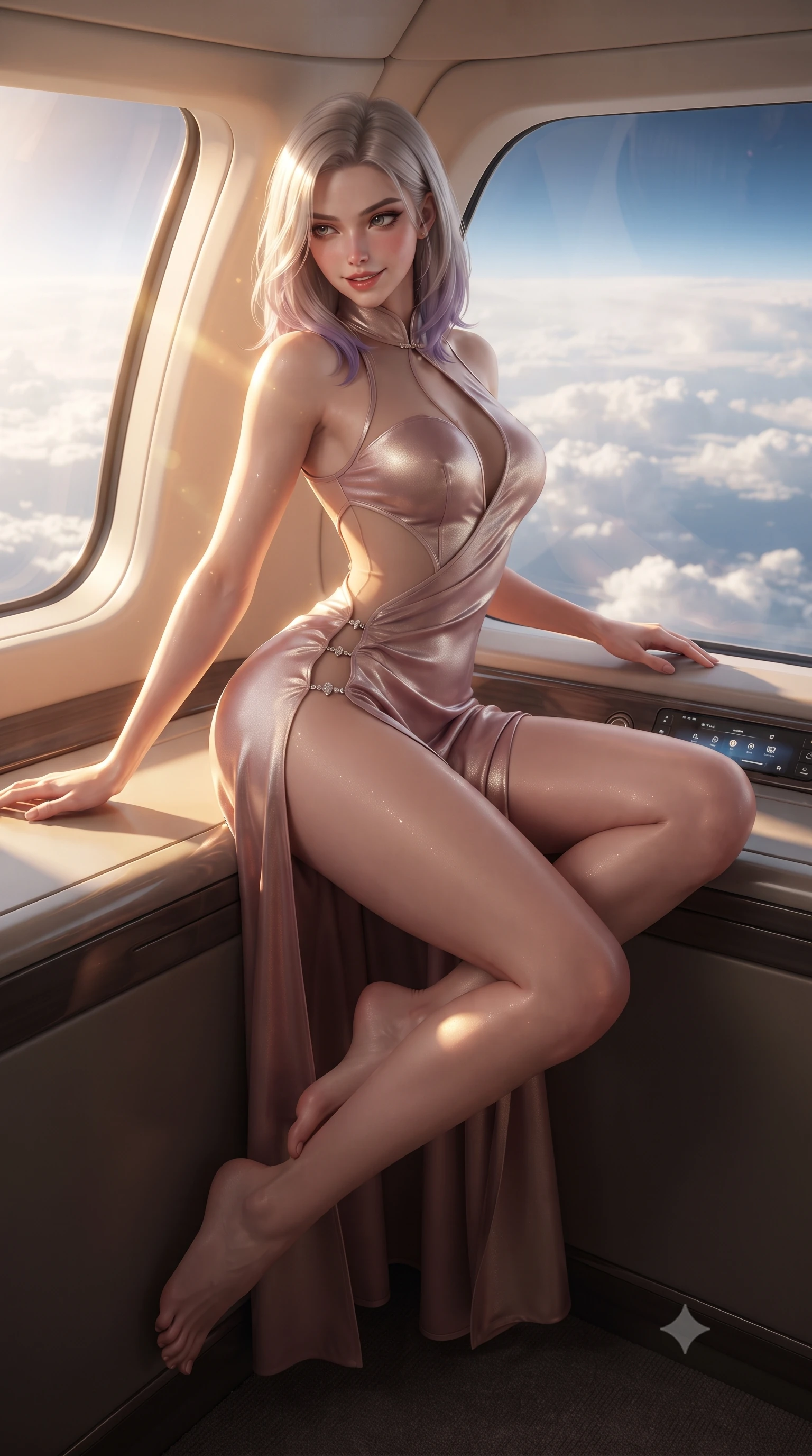 score_9, masterpiece, best quality, ultra-detailed, high-budget anime keyframe, editorial fashion photography, tasteful artistic composition, Caucasian woman. low angle full-body shot from head to toe showing her feet, filling the entire 9:16 vertical frame with her statuesque presence, stretching her vertical silhouette. reclining on her side in an elegant Cleopatra pose with one knee drawn up, the dramatic contour of her rounded hips and long slender legs commanding the 9:16 vertical frame while leaning against the panoramic aircraft glass console with hips cocked back, looking over her shoulder with an audacious, high-altitude jet-set smile. The surrounding environment is rendered in vivid detail and crisp panoramic clarity. detailed silk gown drape, warm sun glints on skin, and stratospheric cloud texture in high resolution. She has an exceptionally tall and slender model-like 8.5-heads proportion, an ultra-slim waist, a flat toned midriff, narrow delicate ribcage, and beautifully sculpted feminine hips creating a graceful, slim hourglass silhouette without any bulky heaviness, with impossibly long slender legs. sharp v-shaped jawline, high-bridge nose, intricate jewel-like eyes with depth, thick eyelashes, glossy parted lips with a natural sheen, intensely captivating and seductive bedroom-eyes expression, flawlessly proportioned anatomical accuracy, strict slender model proportions, natural body alignment, perfectly sculpted long slender limbs, ultra-slim waistline, clean dynamic posture without body distortion. wearing a wet-look silk fusion wrap dress with asymmetrical sheer mesh cutouts and high Mandarin collar in dusky blush rose and champagne shimmer, tailored from water-resistant treated wool gabardine and flexible stretch silk, finished with an ultra-high side slit secured by miniature jeweled clasps, the glove-like aerodynamic silhouette tightly following the natural contour of her hips and long slender legs with statuesque 8.5-heads elegance. bathed in glorious golden hour stratospheric sunbeams filtering through the glass canopy. ultra-reflective glossy finish, specular highlights, rich textural contrasts, high-contrast stereoscopic depth, volumetric dynamic lighting, 2k, ultra detail, master piece, 9:16 ratio