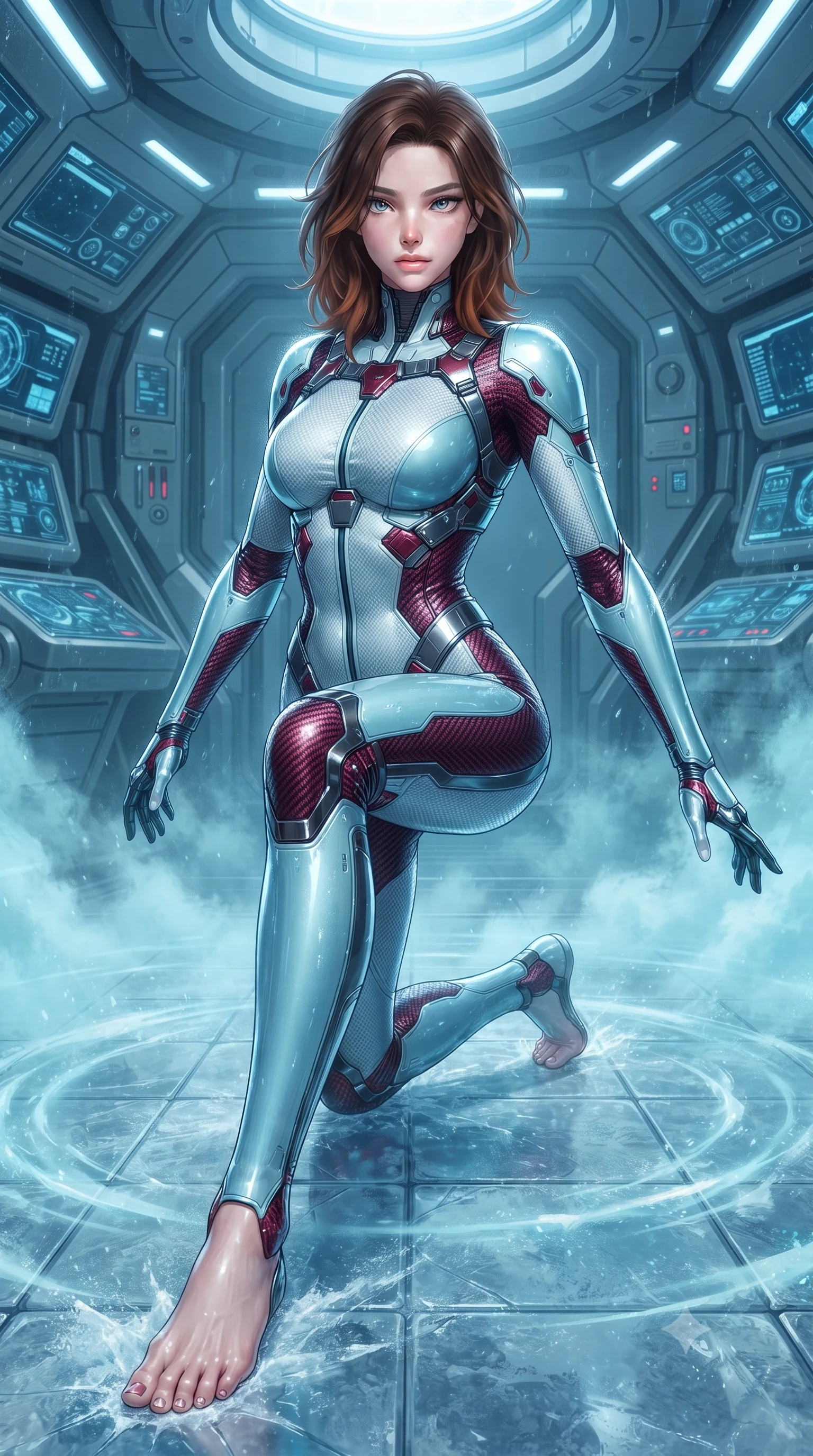 score_9, masterpiece, best quality, ultra-detailed, high-budget anime keyframe, editorial fashion photography, tasteful artistic composition, Korean woman. low angle full-body shot from head to toe showing her feet, filling the entire 9:16 vertical frame with her statuesque presence, stretching her vertical silhouette. landing gracefully from a high-altitude leap on one knee and palm, her statuesque silhouette framed by radial shockwave ripples in the ground while pivoting dynamically on ice-slicked tiles as cyan cryo-mist billows gracefully around her athletic, form-fitting armor. The surrounding environment is rendered in vivid detail and crisp panoramic clarity. detailed stasis pod control interfaces, condensation beads, and carbon suit thermal seams in high resolution. She has an absolutely perfect, statuesque 8.5-heads proportion, an exceptionally tall and slender model-like female figure with impossibly long slender legs, a toned flat midriff, and an ultra-slim waist. sharp v-shaped jawline, high-bridge nose, intricate jewel-like eyes with depth, thick eyelashes, glossy lips with a natural sheen, flawlessly proportioned anatomical accuracy, strict slender model proportions, natural body alignment, perfectly sculpted long slender limbs, ultra-slim waistline, clean dynamic posture without body distortion. wearing an ultra-sleek glacial-cyan and white carbon-mesh combat bodysuit with frost-resistant kinetic shock-absorber plating in deep crimson carbon weave with specular dark chrome accents, crafted from ultra-strong woven carbon-fiber composite with a satin luster, reinforced by a sleek titanium kinetic harness and glowing micro-energy straps, the sleek second-skin cut tightly hugging her graceful clavicle, narrow waist, and feminine curves with athletic precision. surrounded by a cool, lethal, and breathtakingly alluring frost-martial-goddess aura. ultra-reflective glossy finish, specular highlights, dark metallic sheen, high-contrast stereoscopic depth, volumetric dynamic lighting, 2k, ultra detail, master piece, 9:16 ratio
